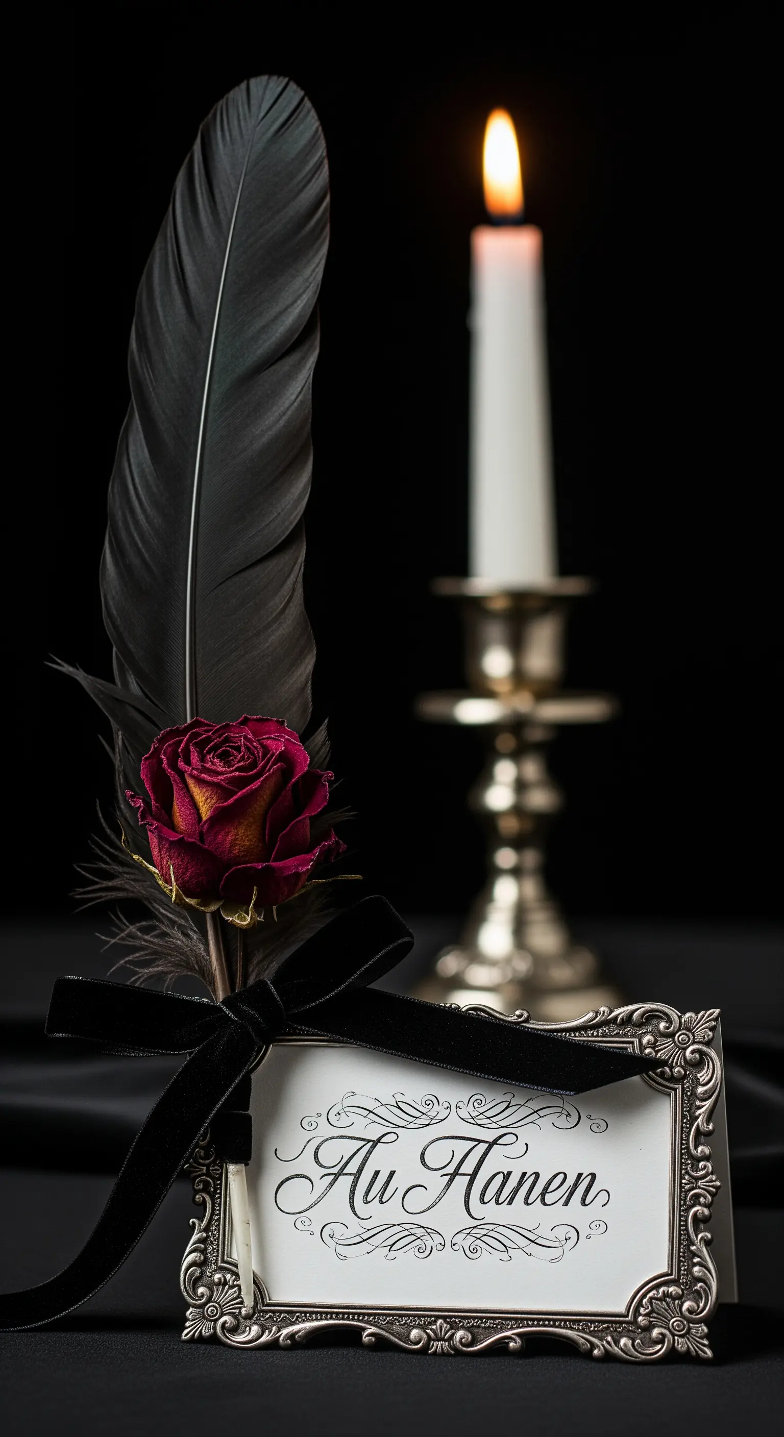 Segnaposto gotico con piuma nera, rosa rossa e cornice d'argento barocca.
