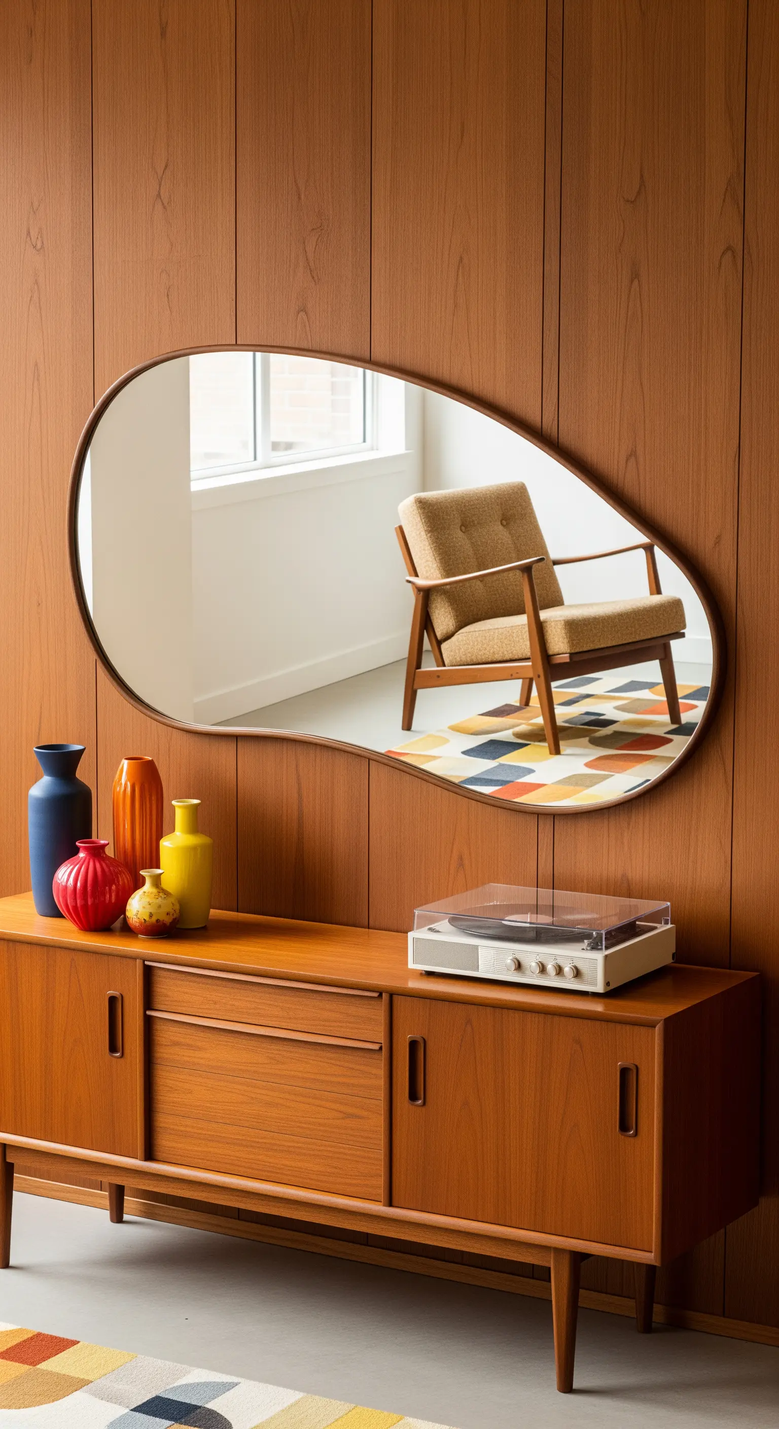 Specchio di forma organica e asimmetrica appeso sopra una credenza in legno in stile Mid-Century.