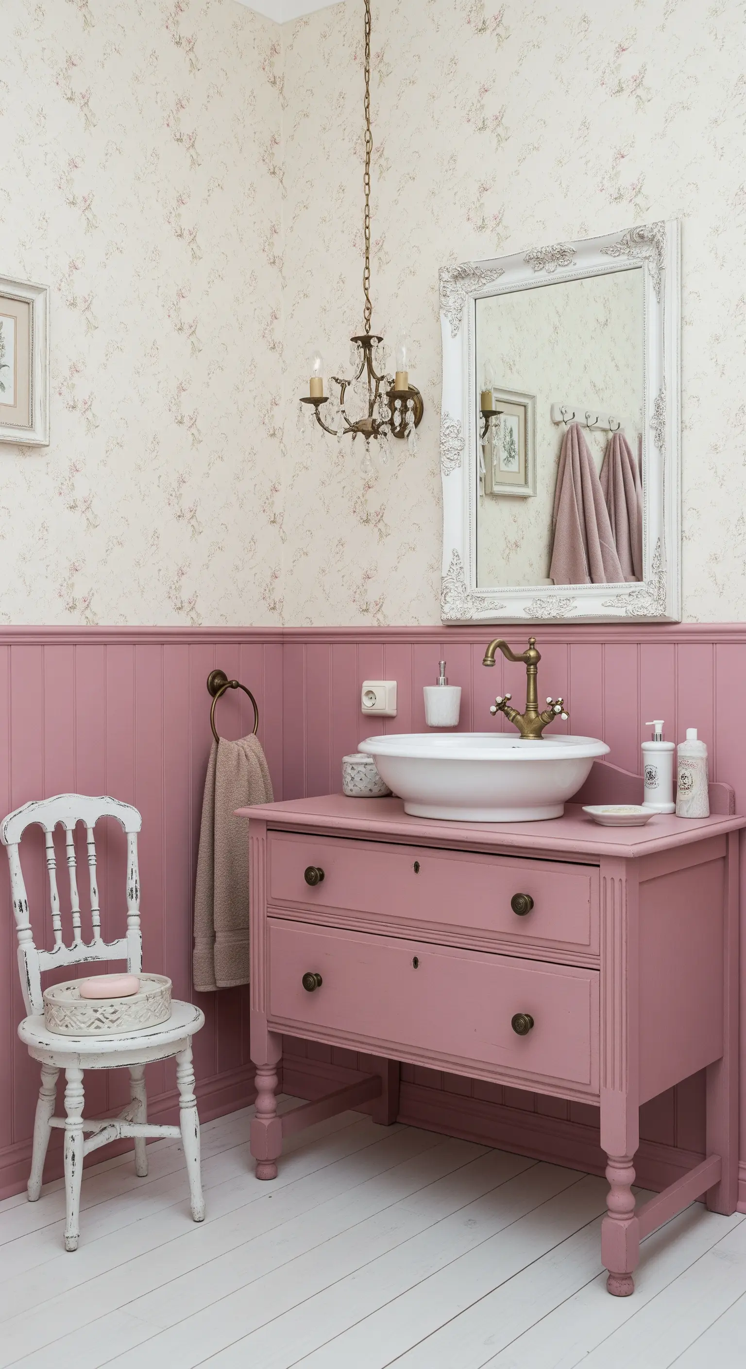 Bagno shabby chic con boiserie rosa antico, mobile coordinato e carta da parati floreale.