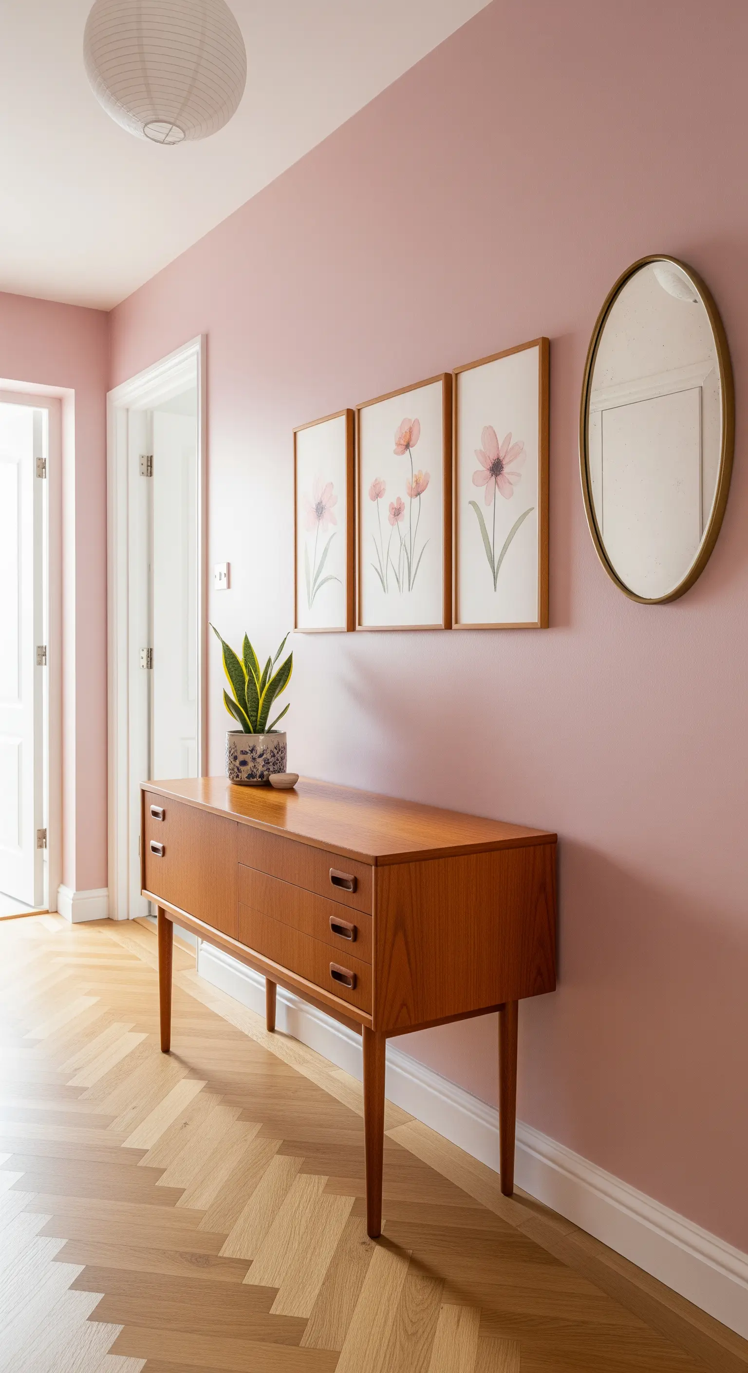 Ingresso rosa con credenza in teak, specchio ovale e pavimento a spina di pesce.