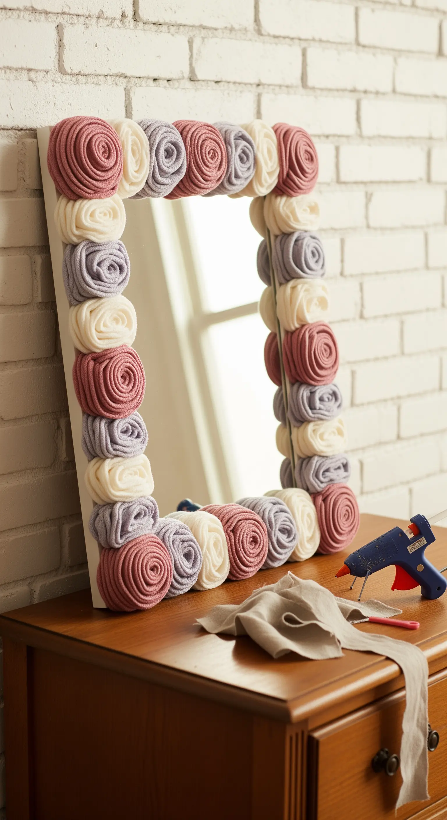 Specchio quadrato con cornice decorata da rose di stoffa colorate e pistola per colla a caldo.