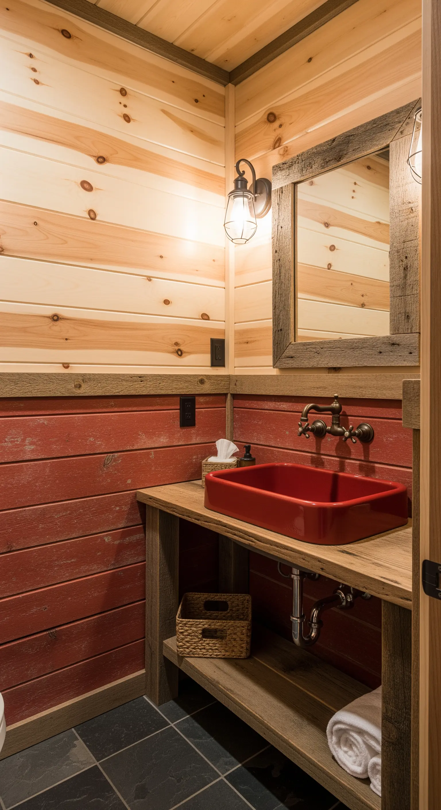 Bagno rustico con boiserie in legno rosso e pareti superiori in pino naturale.