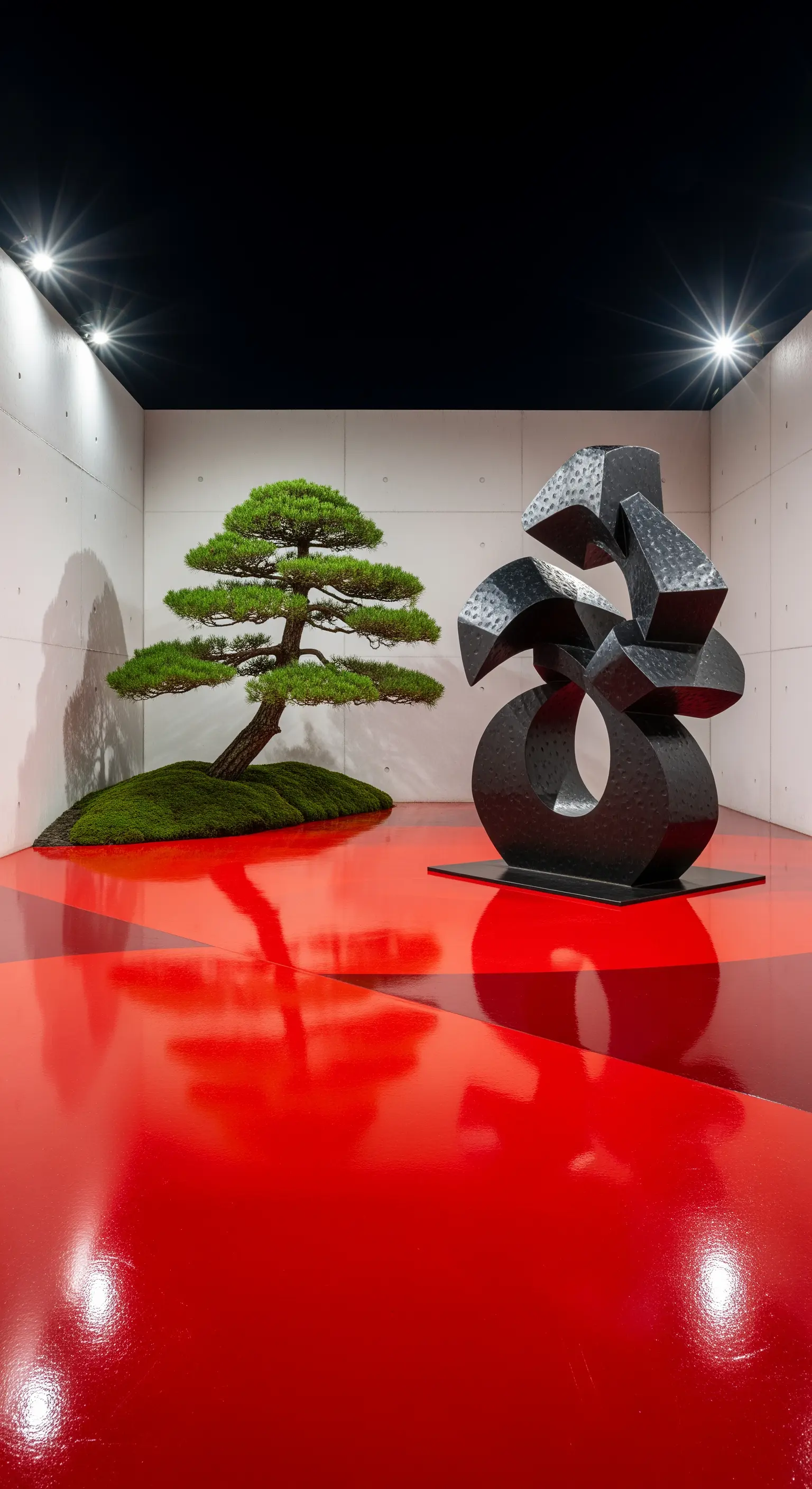 Scultura nera e bonsai su un pavimento rosso lucido in uno spazio espositivo minimalista.