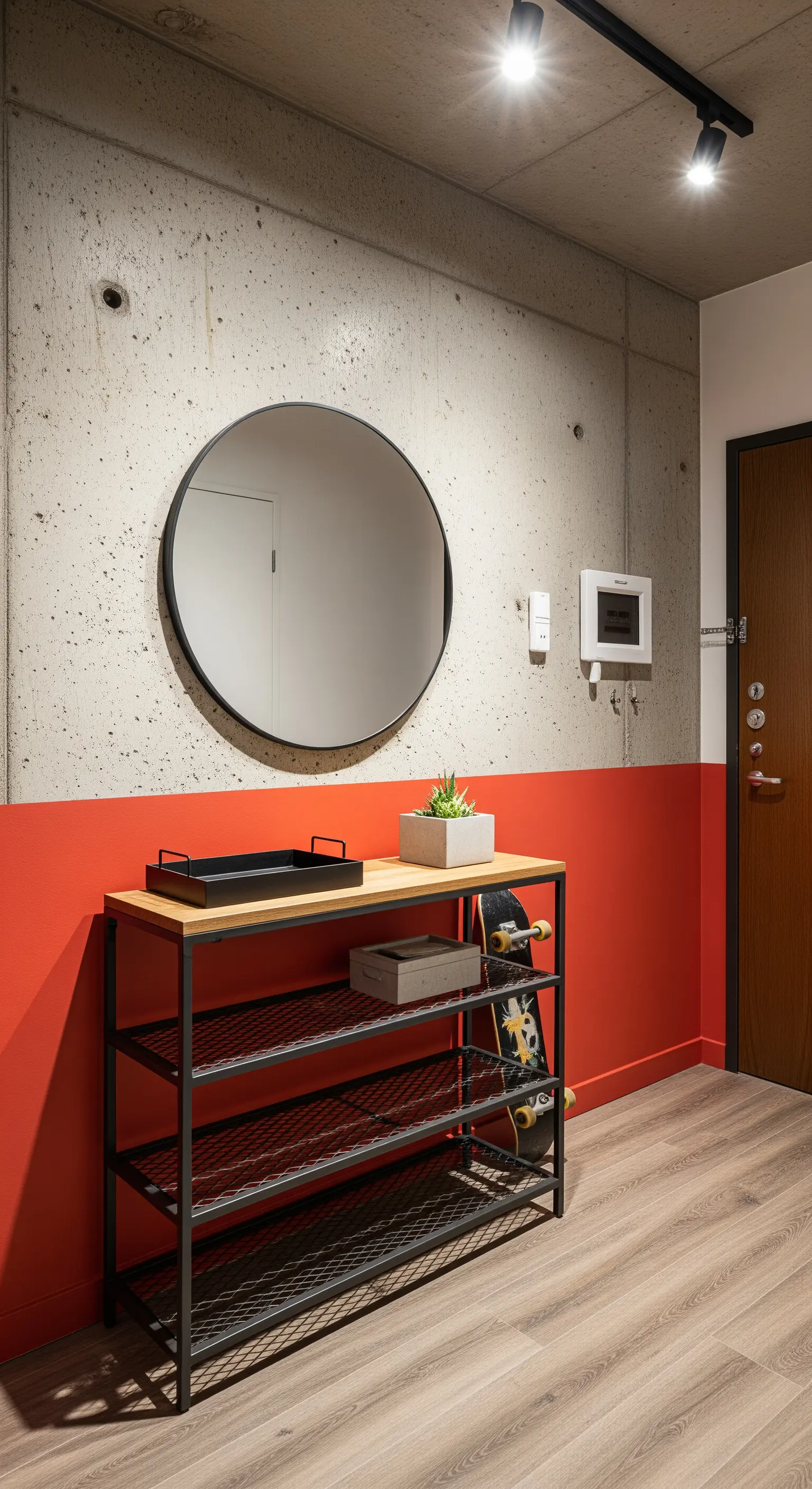 Ingresso industriale con parete in cemento e fascia rosso acceso, consolle in metallo nero.