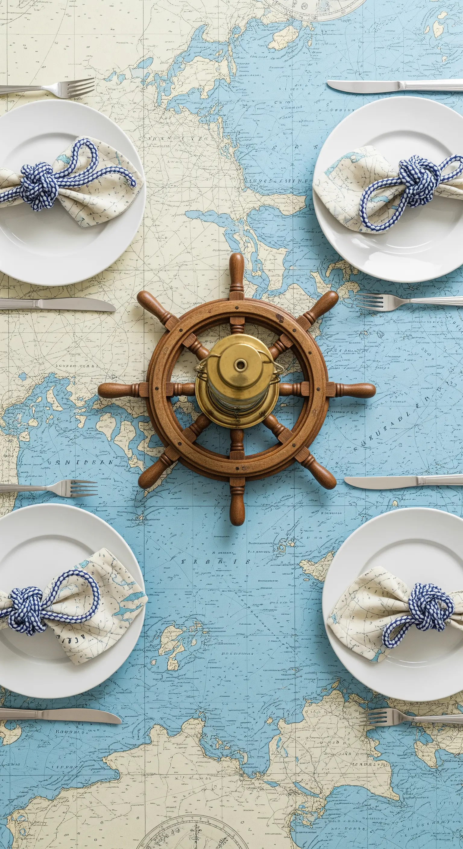 Tavola apparecchiata su una carta nautica con un timone come centrotavola.