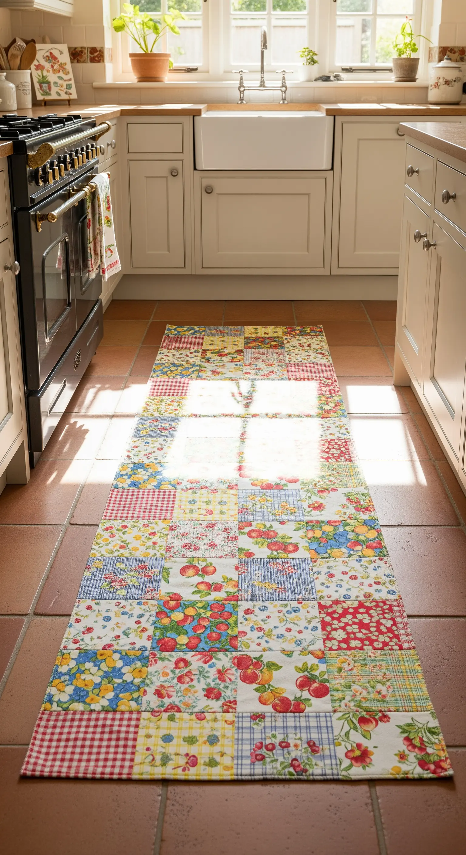 Runner da cucina patchwork con fantasie floreali e a quadri su un pavimento in cotto