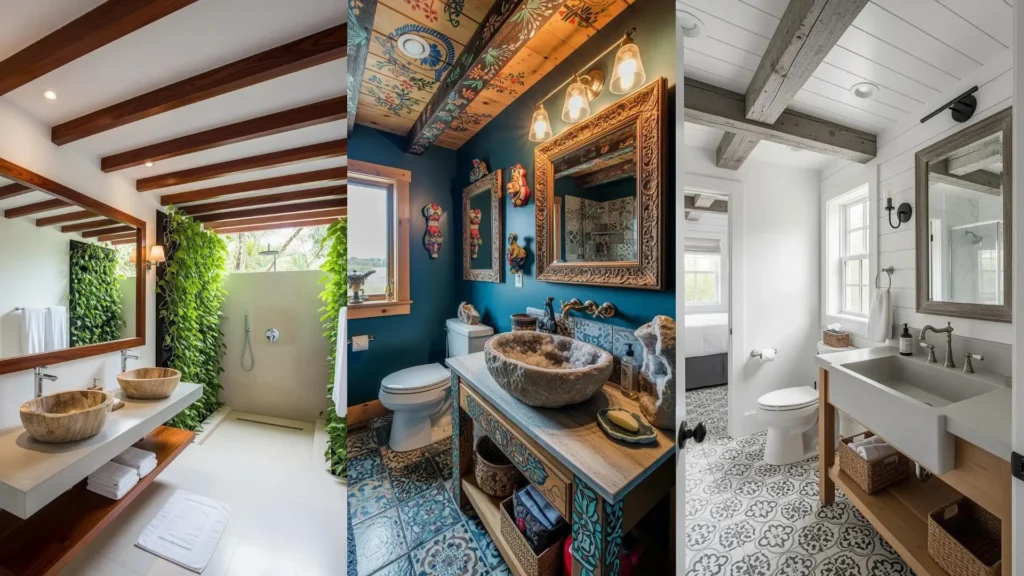 Bagni rustico-contemporanei con lavabi in pietra e travi in legno massiccio. Idee per un design unico e naturale.