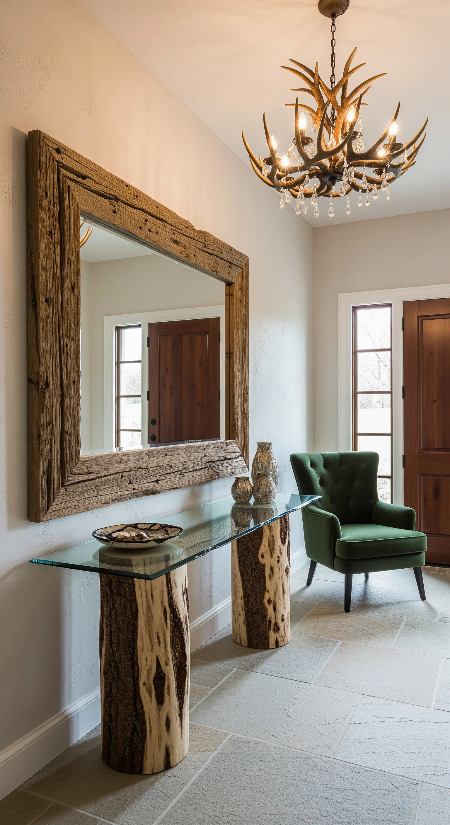 Ingresso rustico con specchio in legno di recupero, consolle con tronchi e poltrona verde