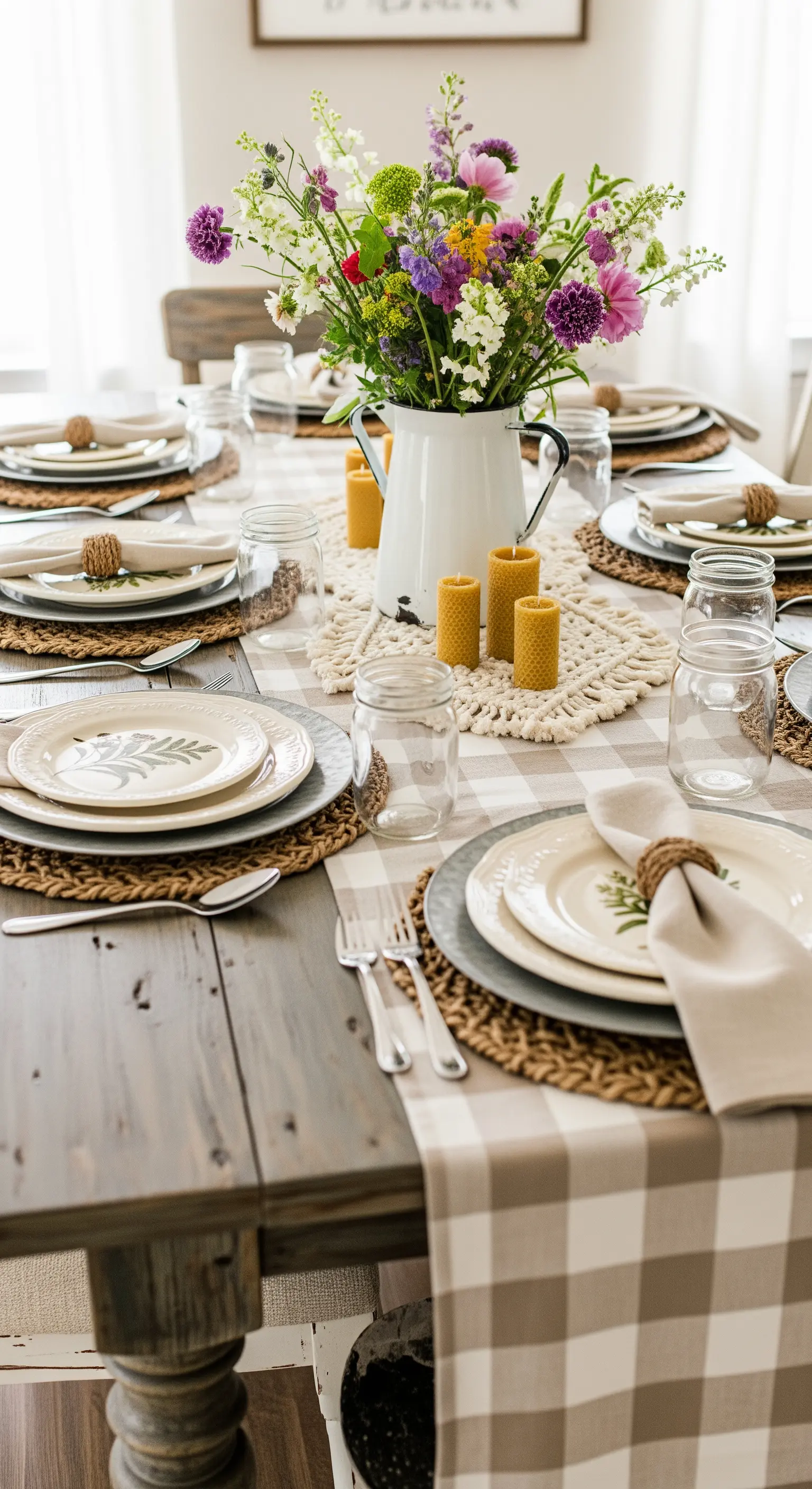 Tavola rustica con runner a quadri, fiori di campo in un boccale e sottopiatti in paglia