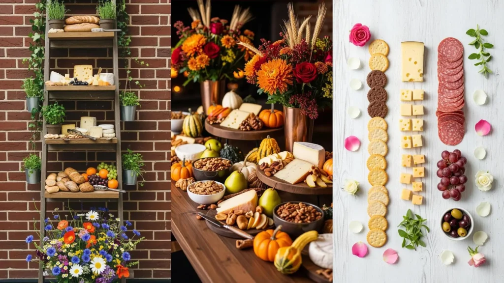 Buffet rustico-chic con formaggi assortiti, legno, fiori freschi colorati, pane e frutta.