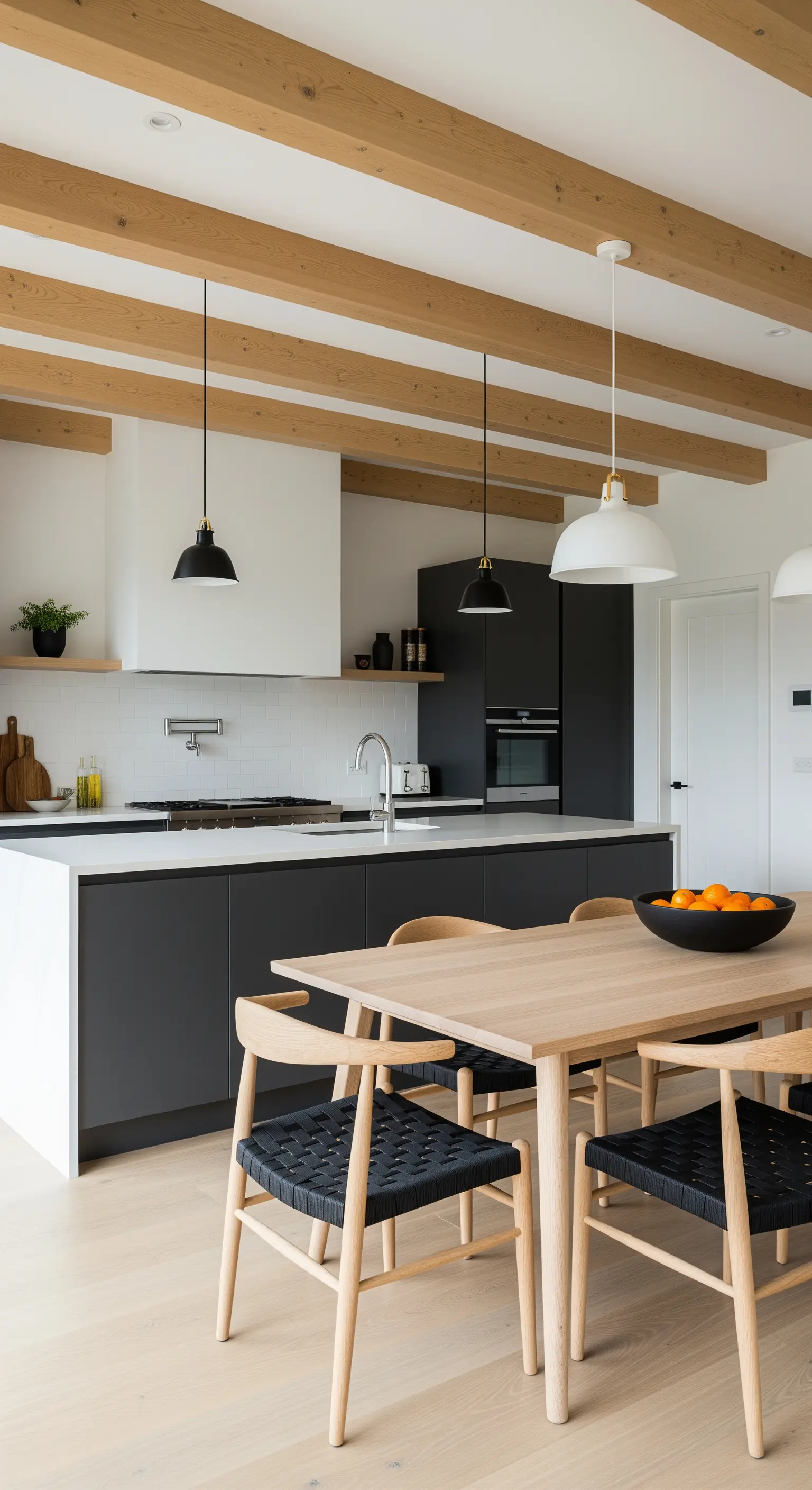 Cucina moderna con travi in legno chiaro, mobili antracite e sedie di design.