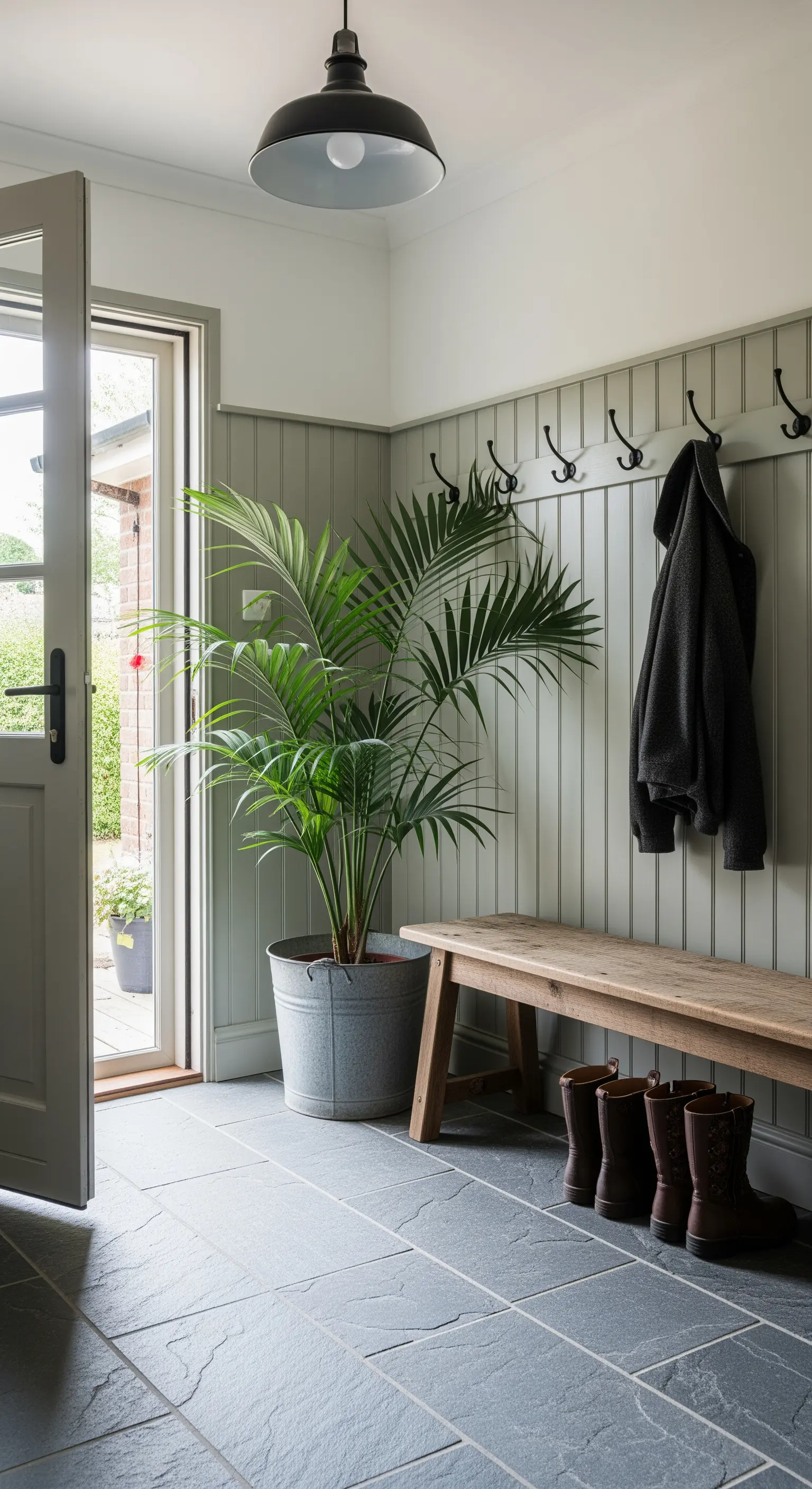 Palma in un secchio di zinco in un ingresso funzionale con boiserie e panca in legno.