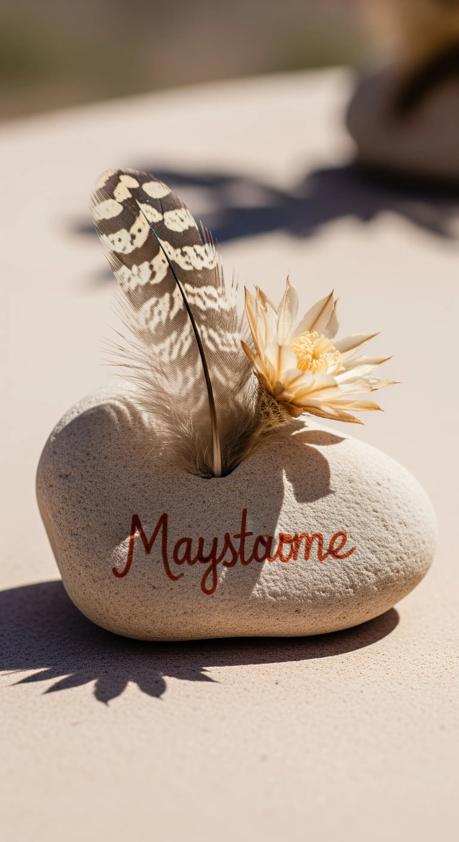 Segnaposto realizzato con un sasso chiaro, piuma e fiore secco del deserto.