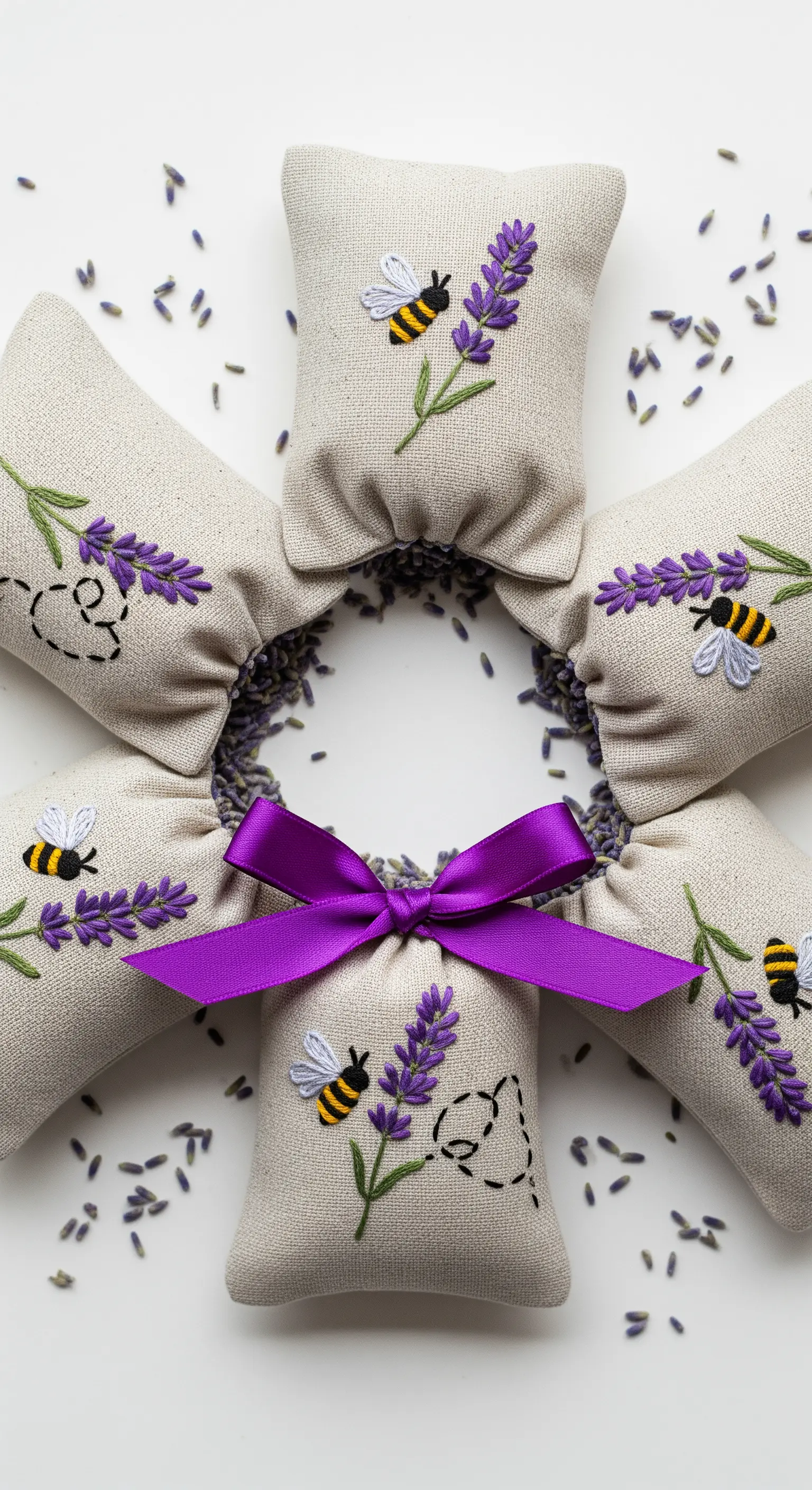 Sacchetti di lino ricamati con lavanda e api, disposti a fiore e riempiti di lavanda.