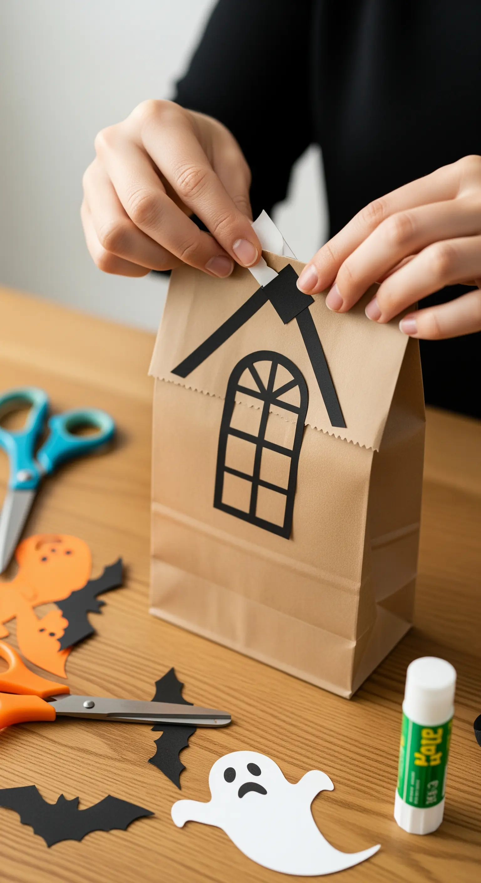 Persona che decora un sacchetto di carta per farlo sembrare una casa stregata.