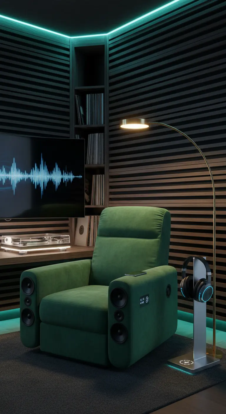 Poltrona multimediale in velluto verde in una stanza con pannelli acustici e luci a LED.