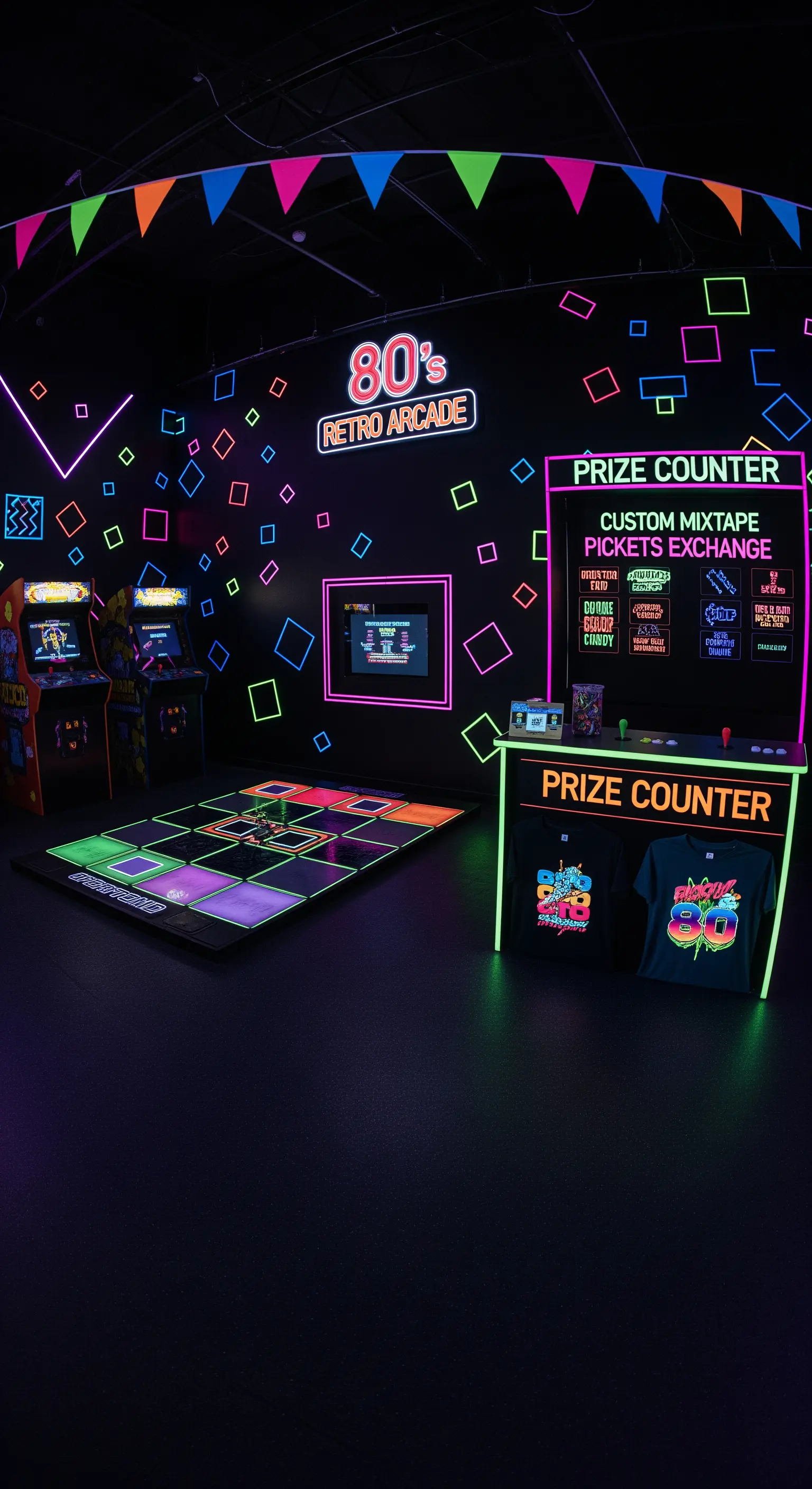 Una sala giochi anni '80 con luci al neon, cabinati arcade e un banco premi luminoso.