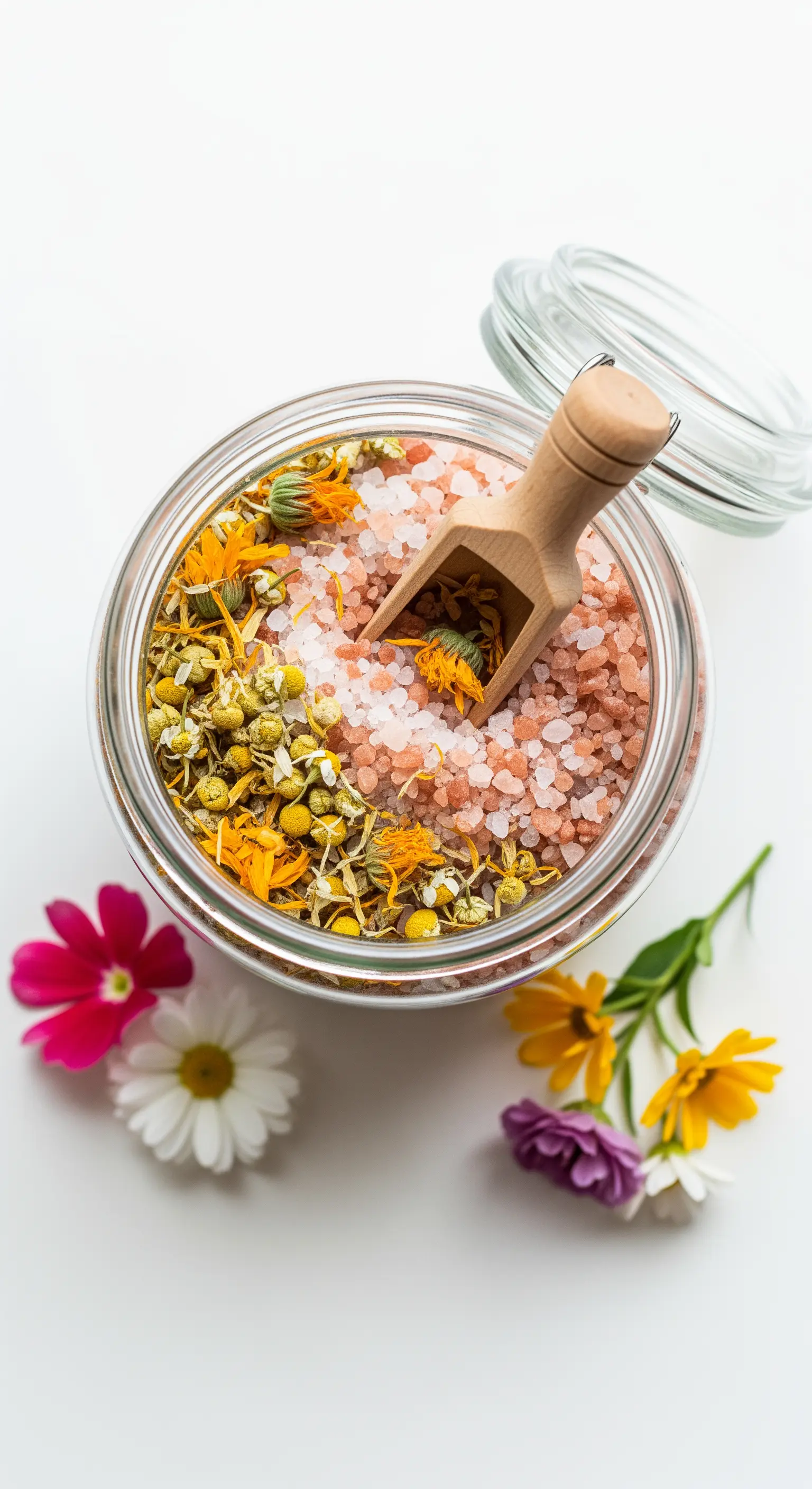 Vaso di sali da bagno rosa dell'Himalaya miscelati con fiori di camomilla e calendula.