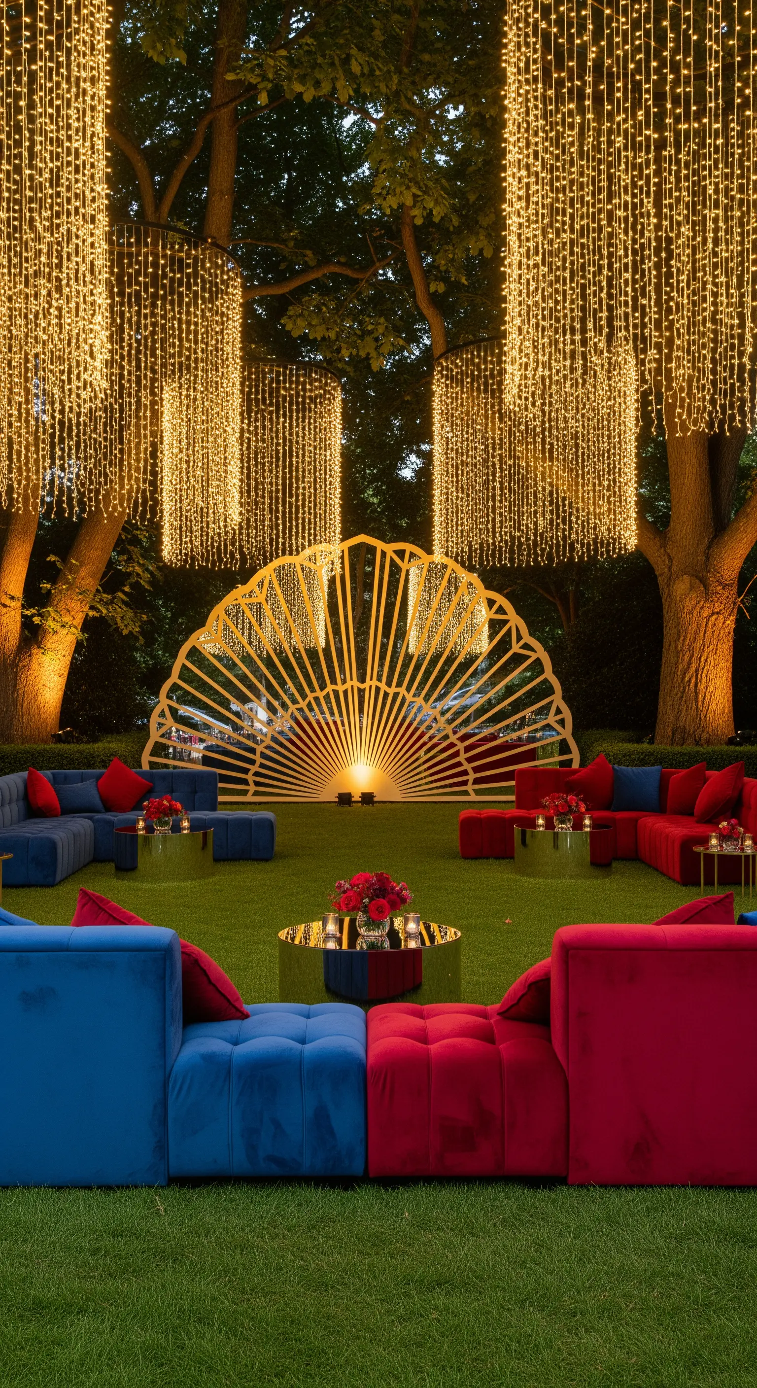 Allestimento per feste in giardino con divani in velluto colorati e luci a cascata.