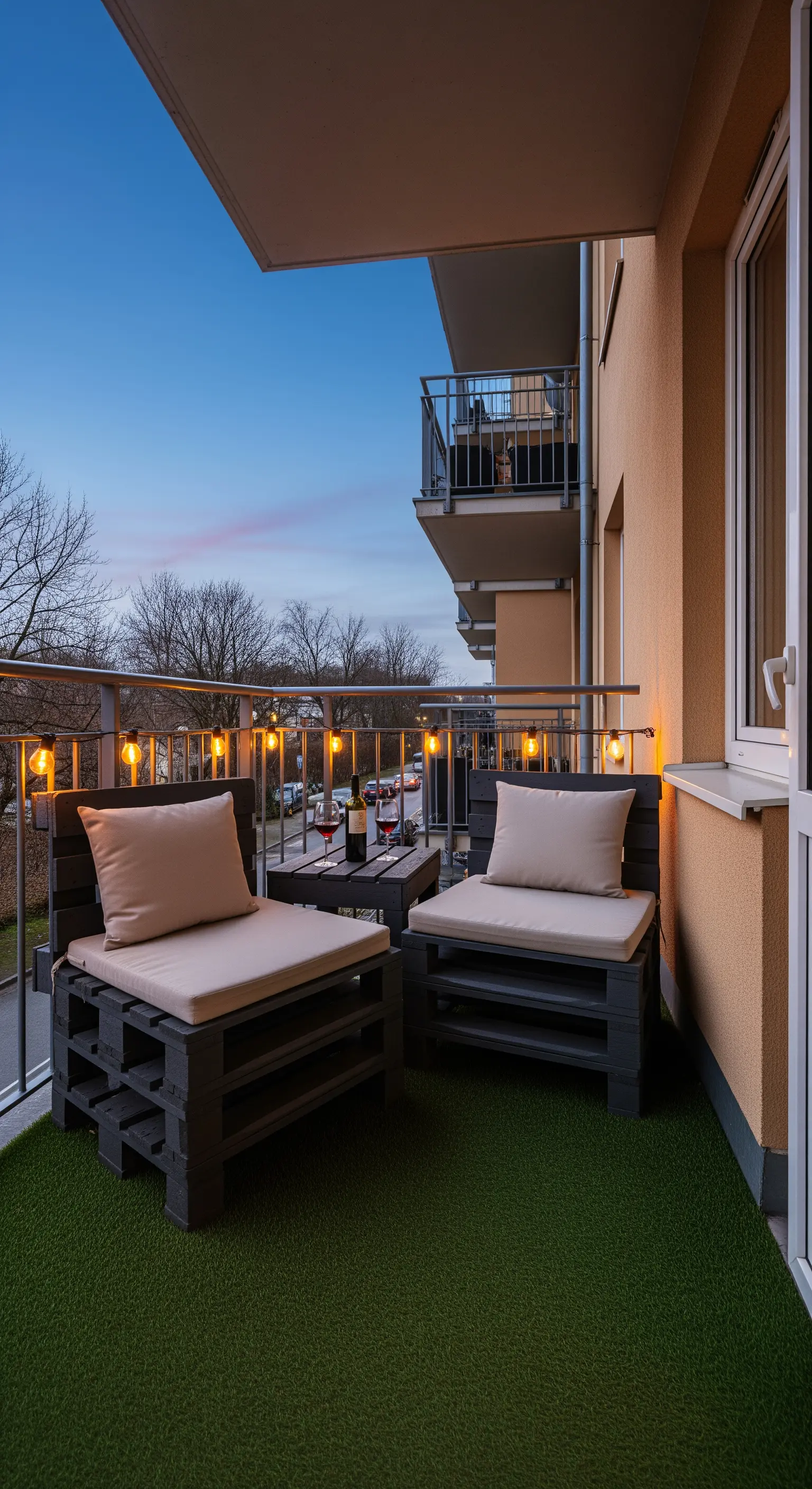 Set di poltrone e tavolino da balcone realizzati con pallet verniciati di scuro.