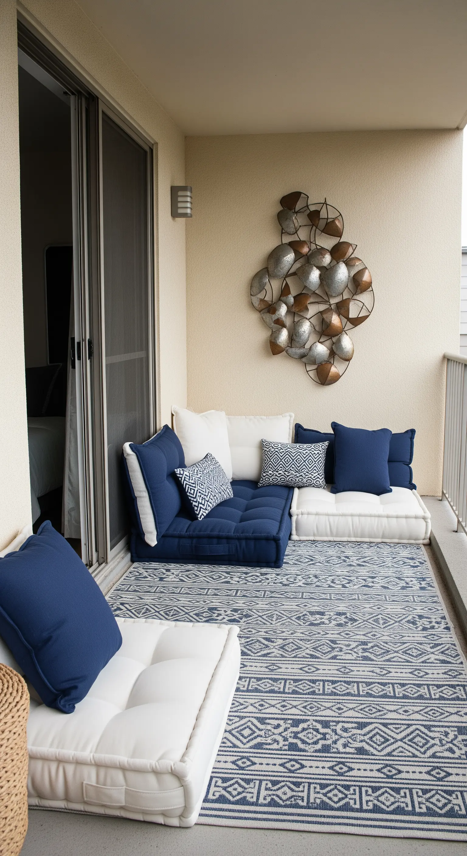 Balcone arredato con sedute basse bianche e blu, un tappeto etnico e una scultura da parete.