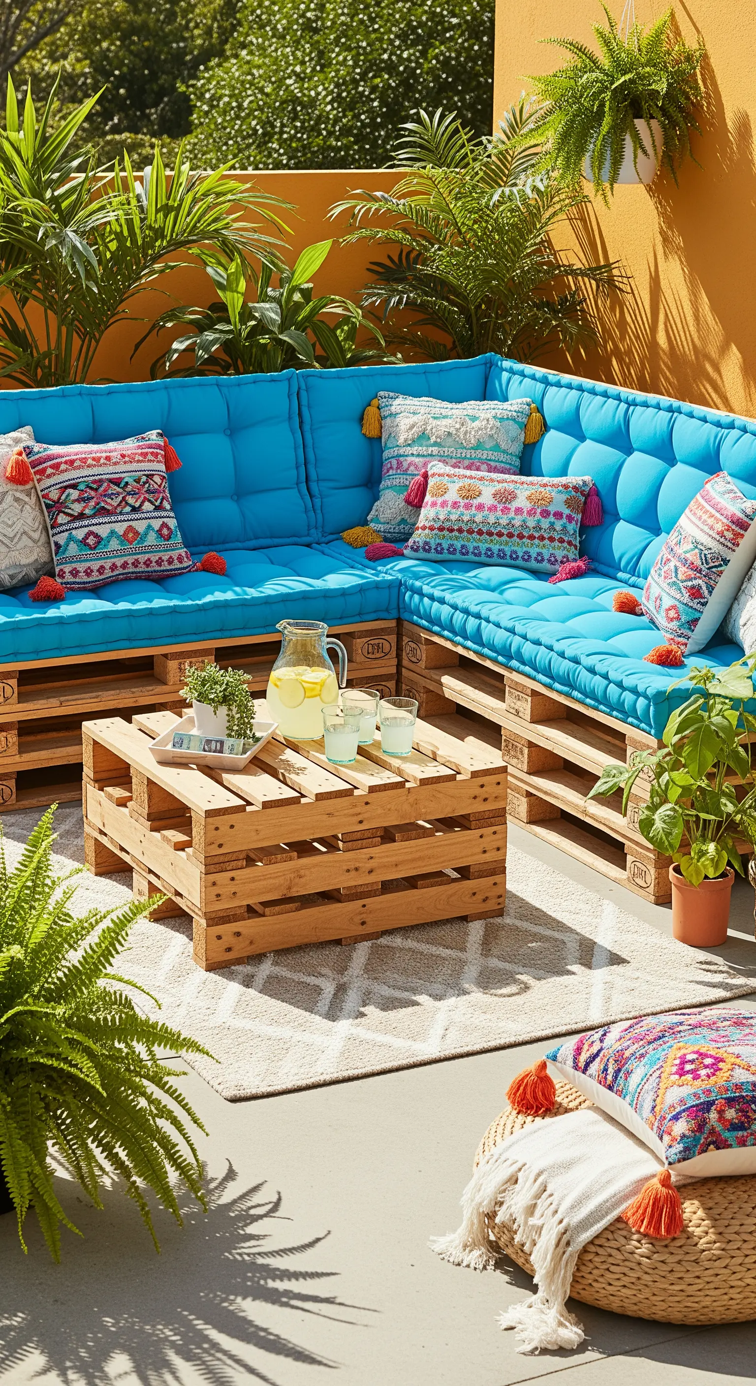 Divano angolare da esterno in pallet con cuscini blu vivace e piante tropicali.