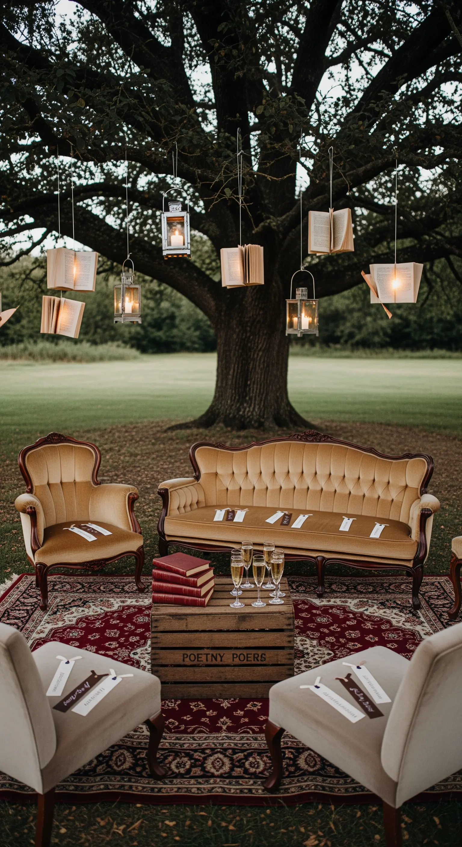 Angolo lounge all'aperto con divani vintage, libri e lanterne appese a un albero.