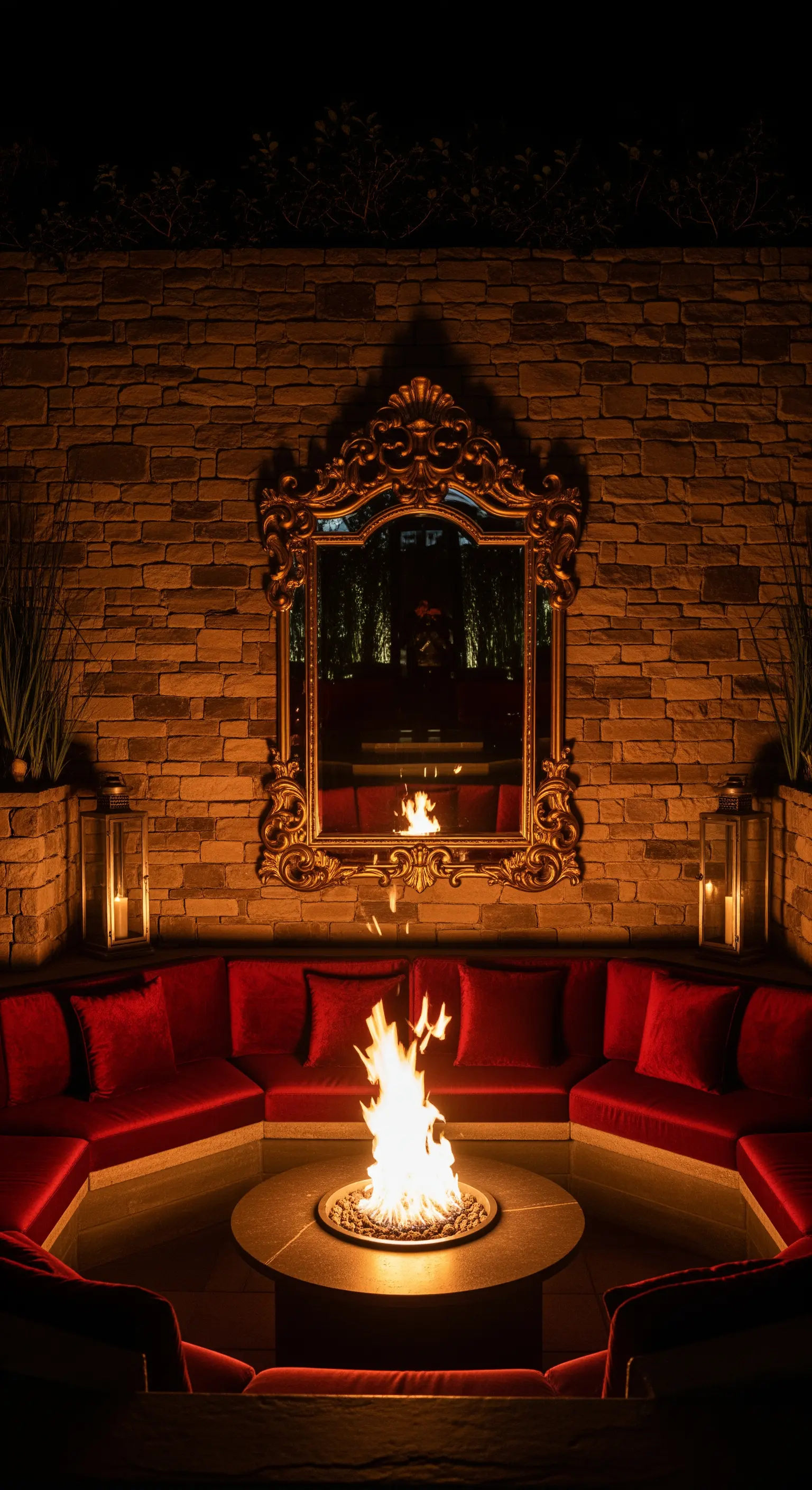Focolare con sedute circolari in velluto rosso e uno specchio barocco dorato.