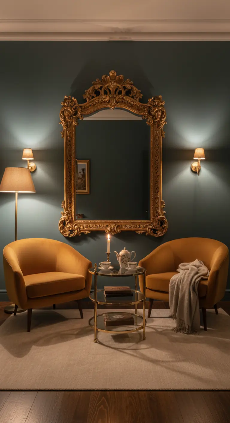 Angolo conversazione con due poltrone in velluto senape e un grande specchio barocco.