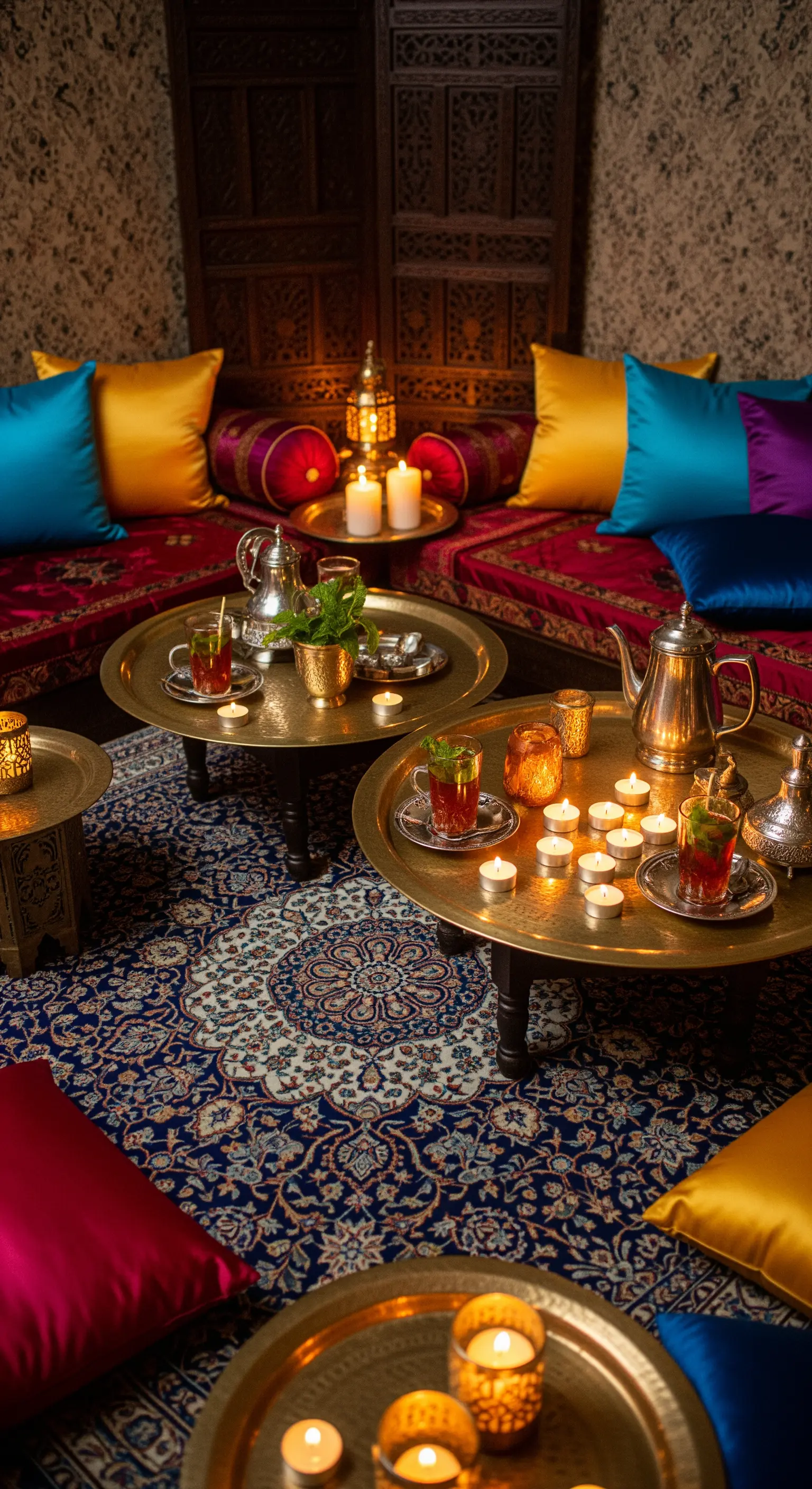 Allestimento marocchino con tappeto blu, cuscini in seta colorata e tavolini in ottone.