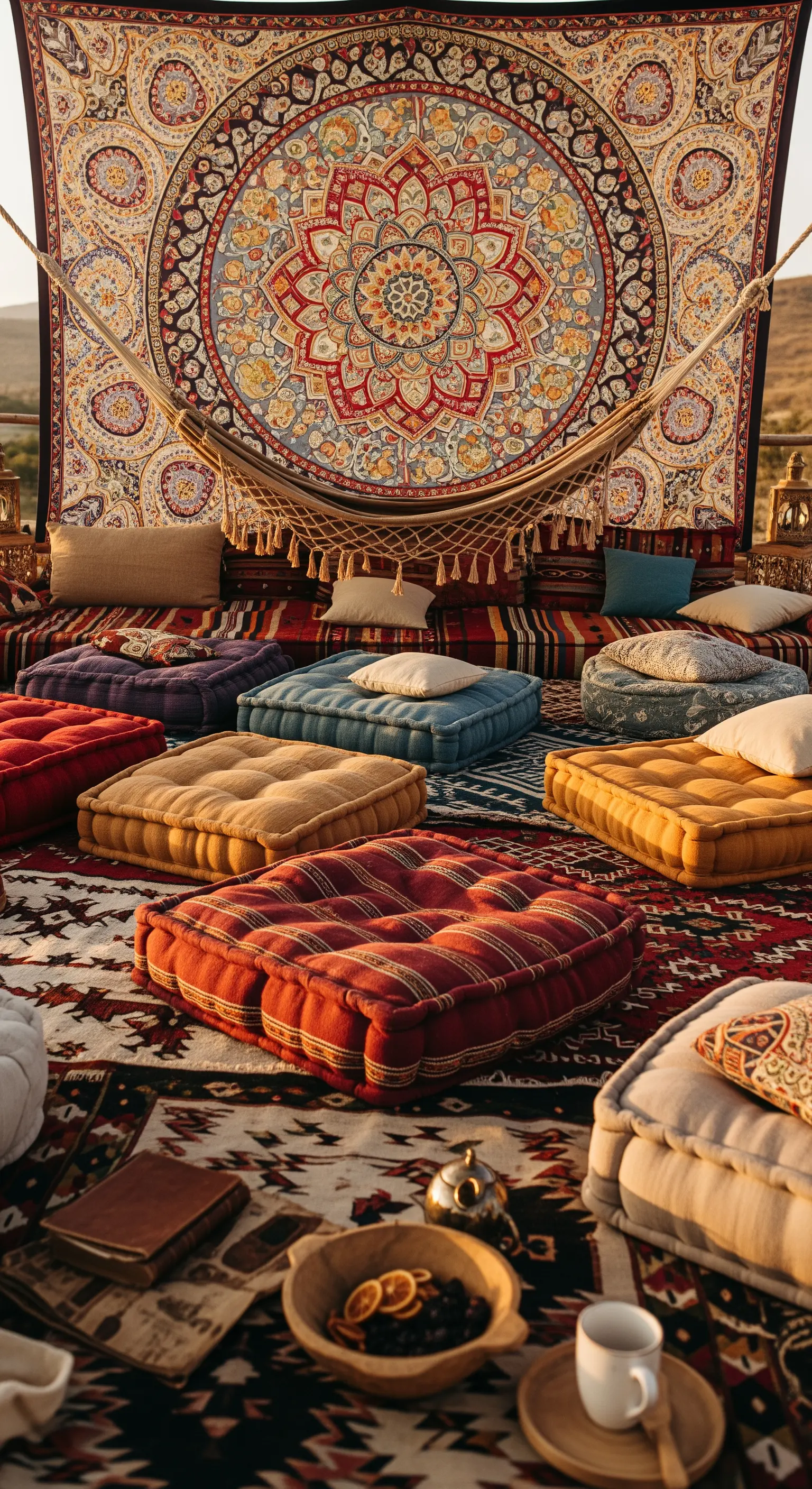 Allestimento bohémien con arazzo, tappeti sovrapposti e cuscini da terra davanti a un'amaca.