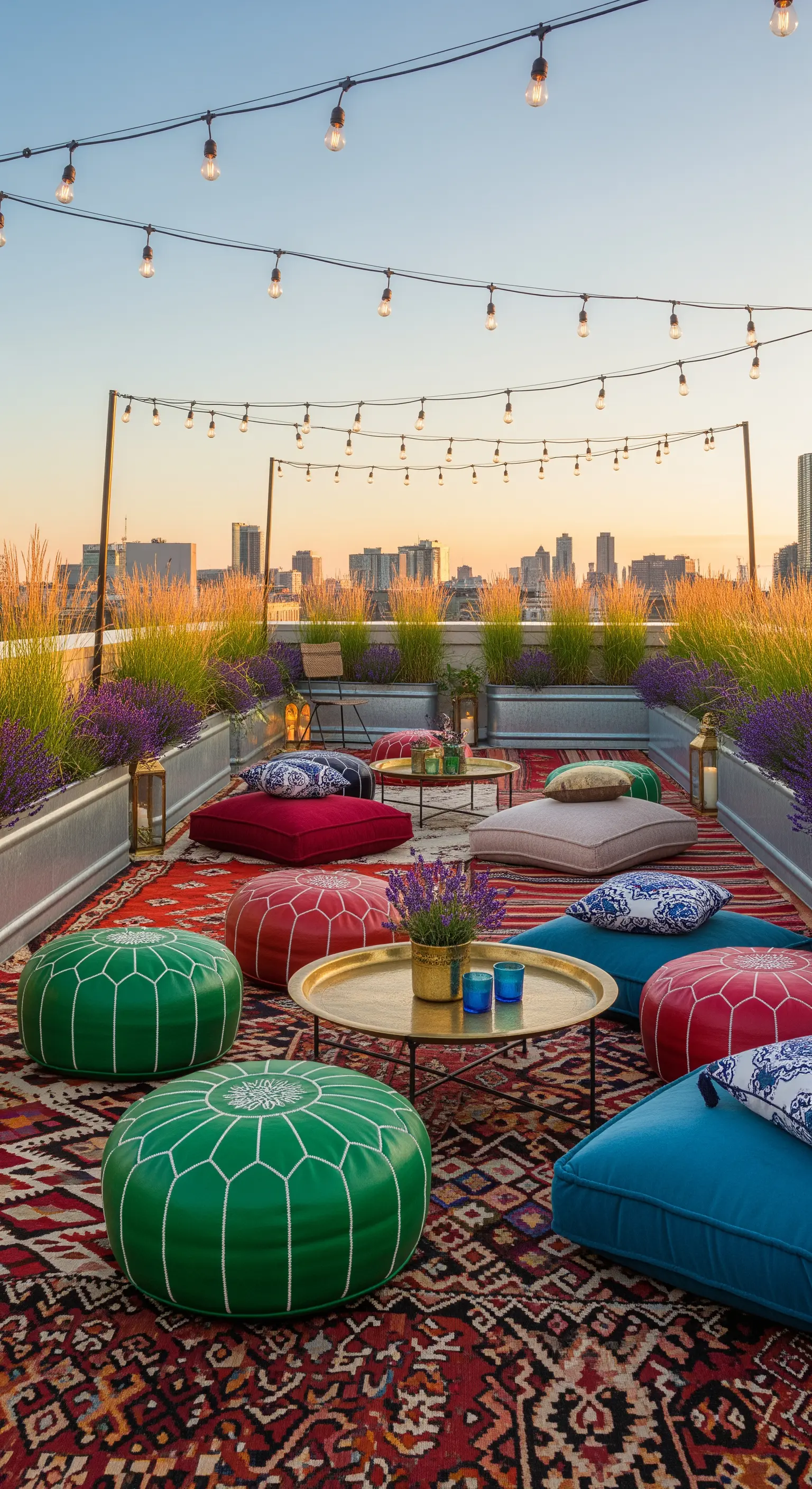 Terrazza bohémien con pouf colorati, tappeto etnico, tavolini bassi e luci a catenaria.