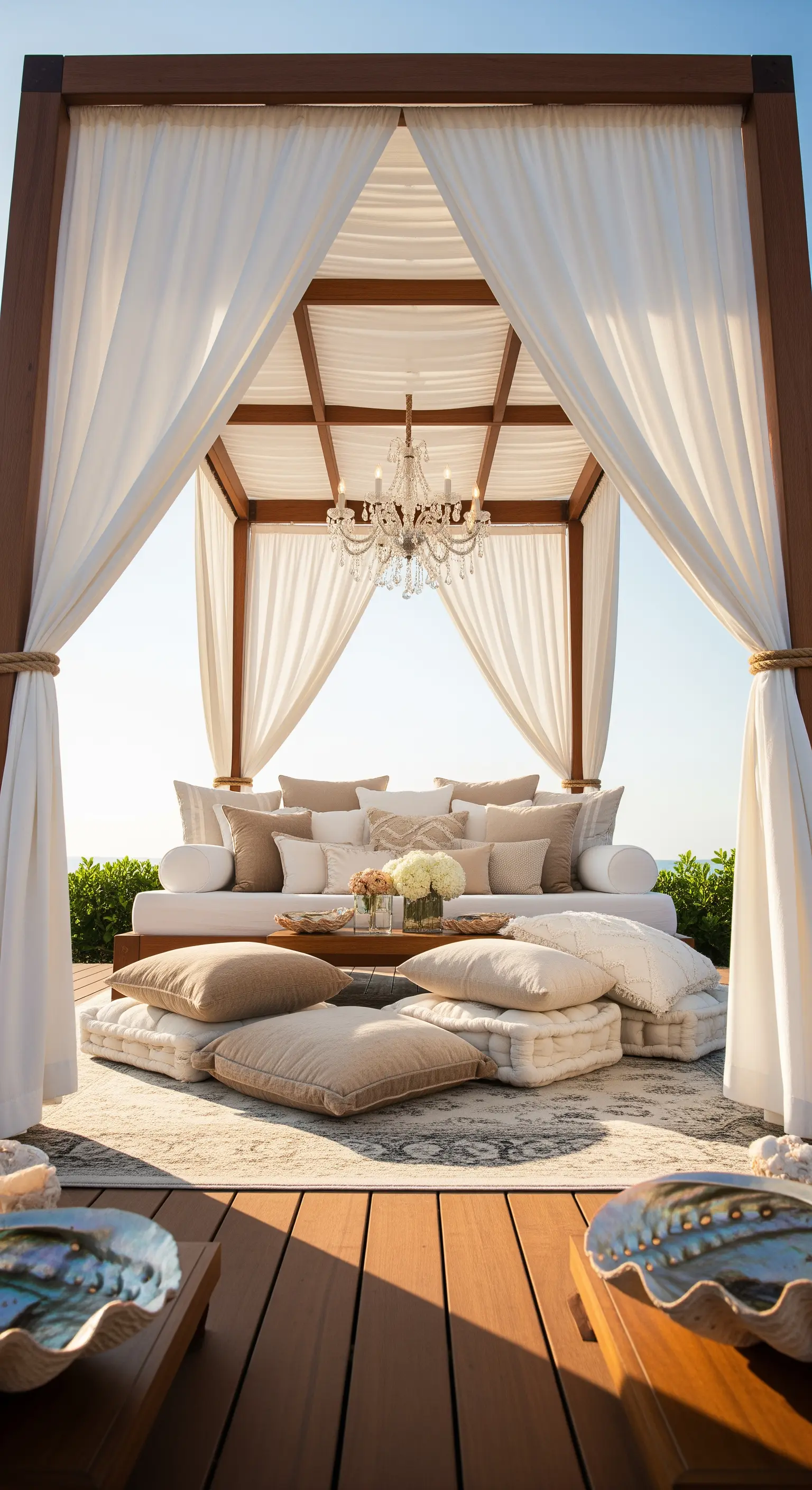 Lussuosa cabana in legno con divano bianco, cuscini e un lampadario di cristallo.