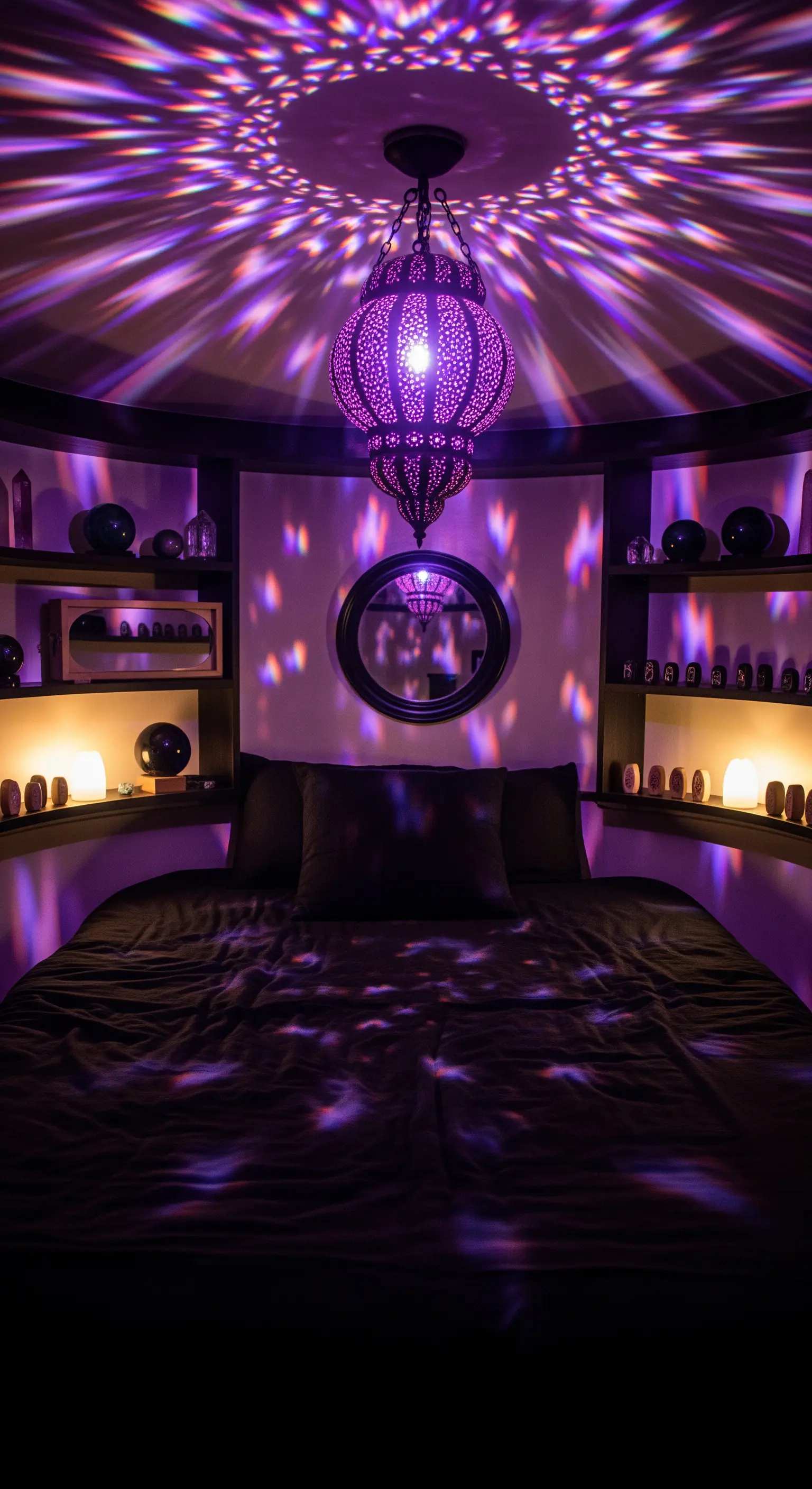 Camera da letto con proiezioni di luce viola, cristalli e oggetti per la meditazione.