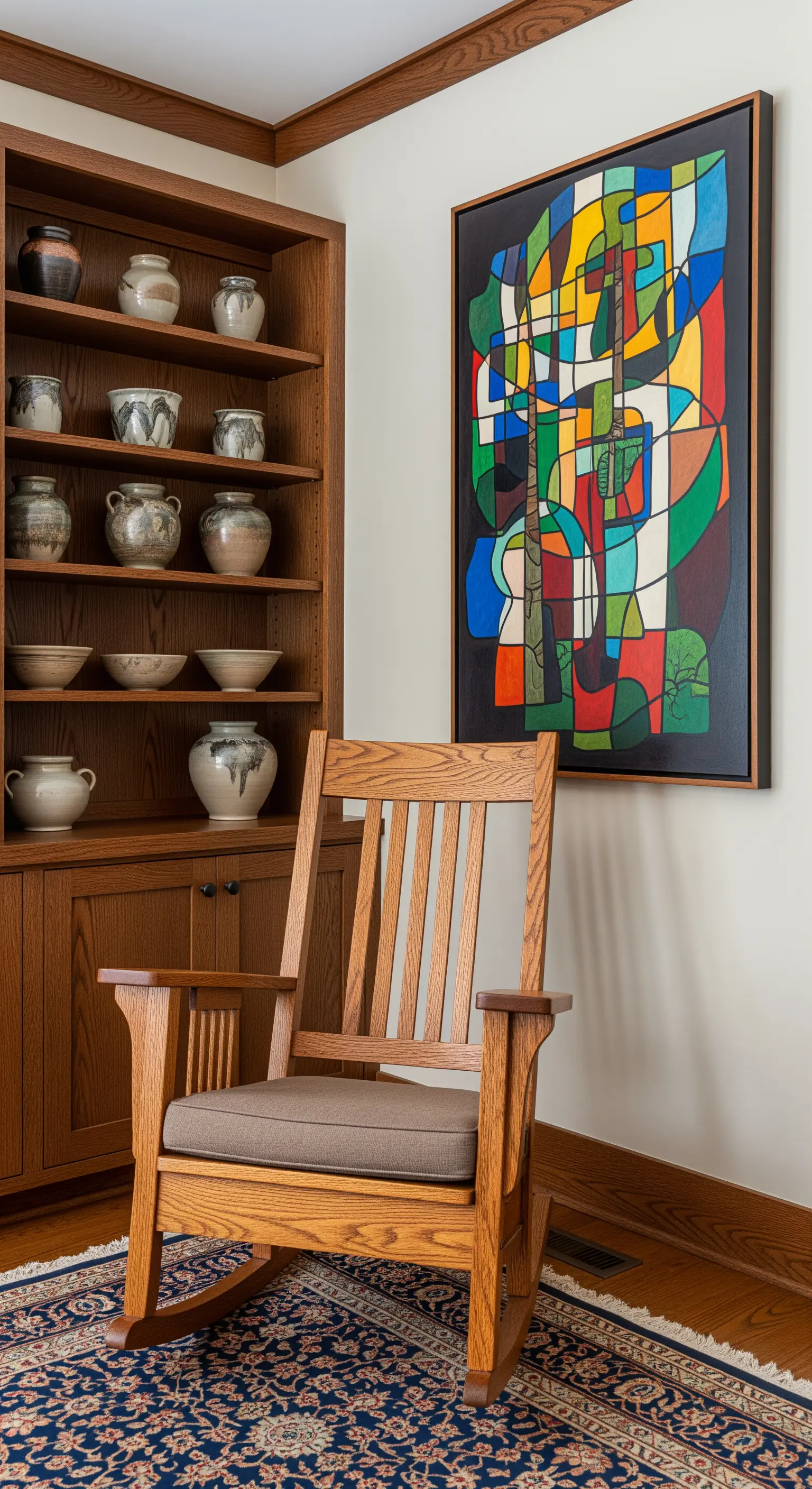 Libreria in legno, sedia a dondolo e quadro astratto colorato stile vetrata artistica.