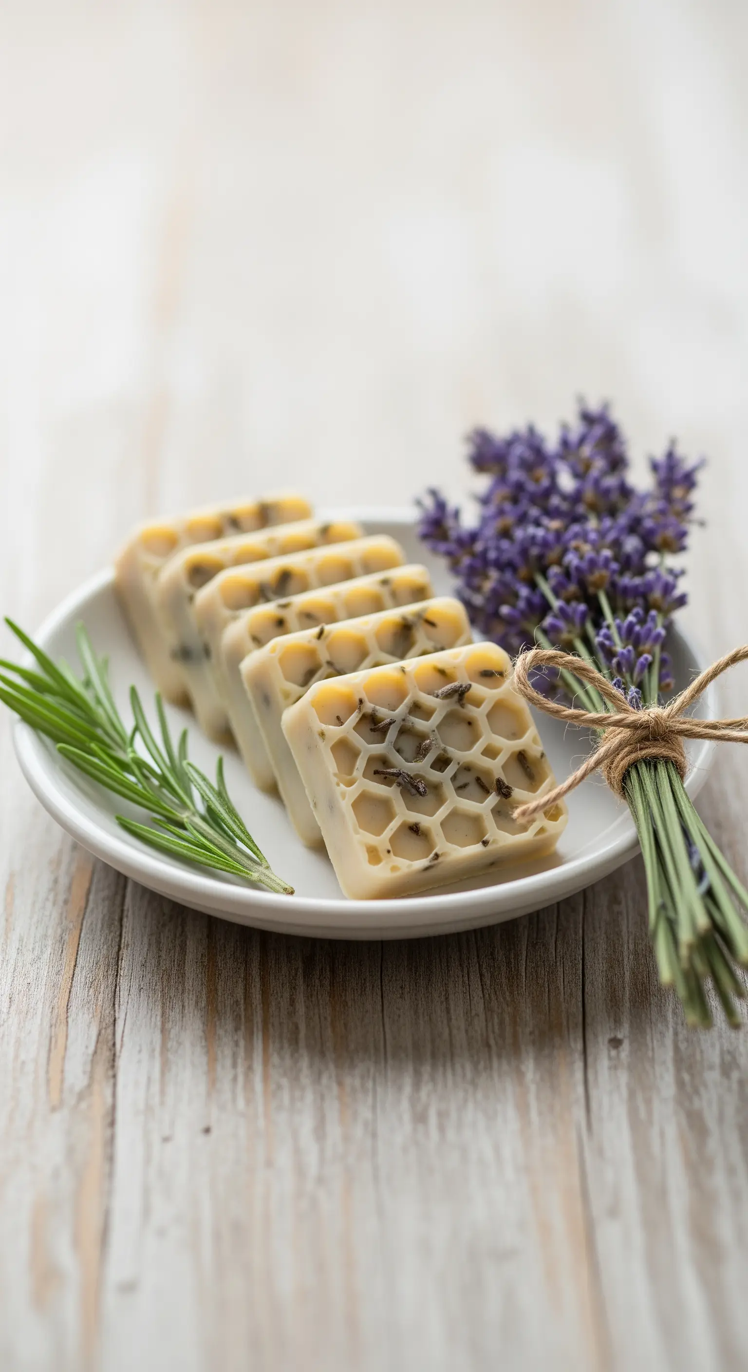 Saponette artigianali alla lavanda con motivo a nido d'ape, su un piatto bianco.