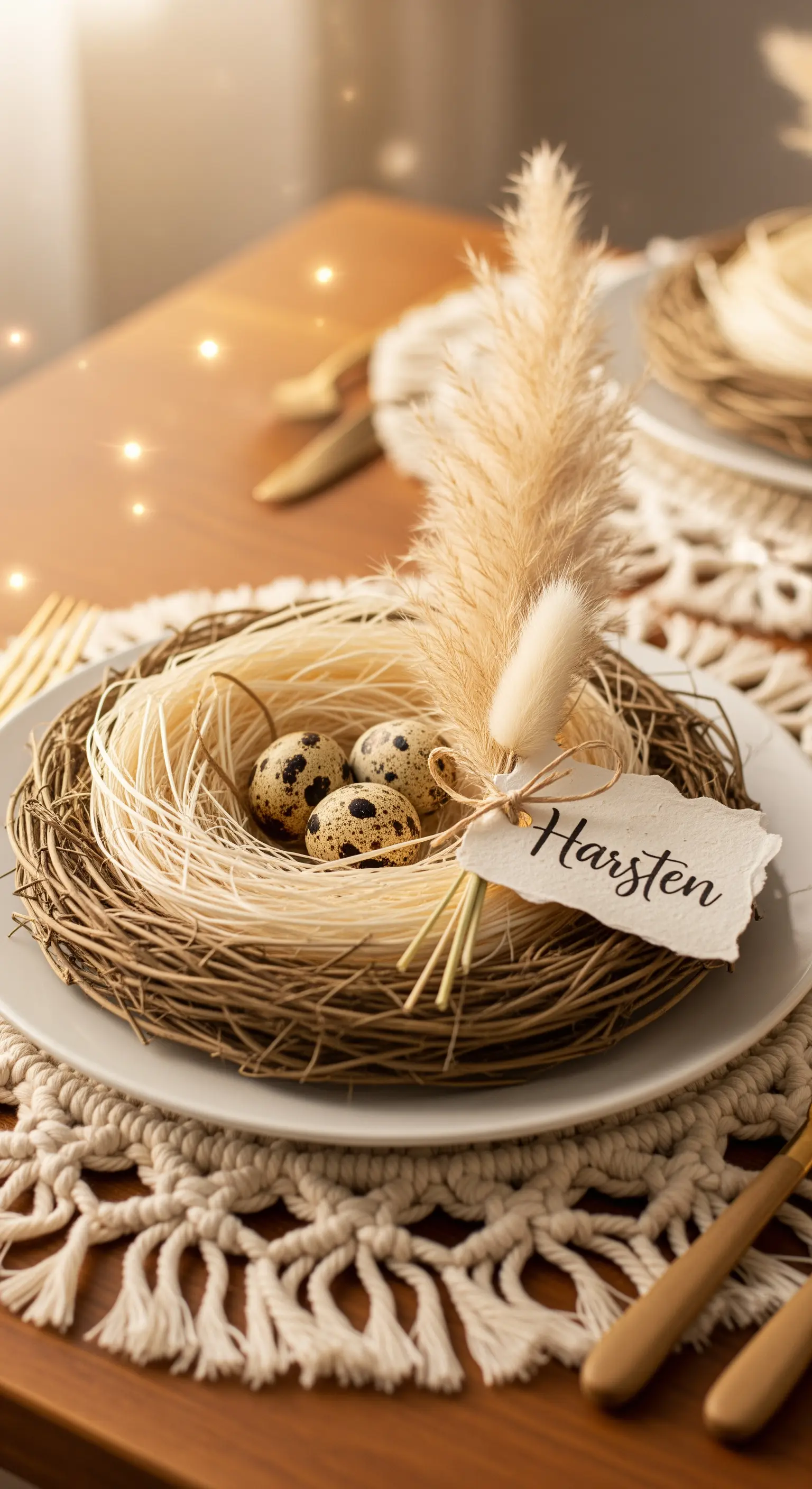 Nido con uova di quaglia e un rametto di erba pampas.