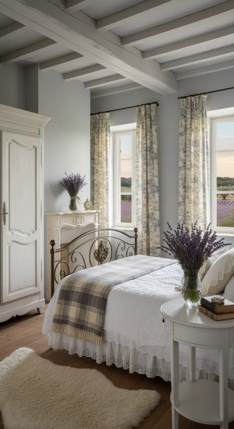 Camera da letto in stile provenzale con mobili decapati, tende toile e mazzi di lavanda.