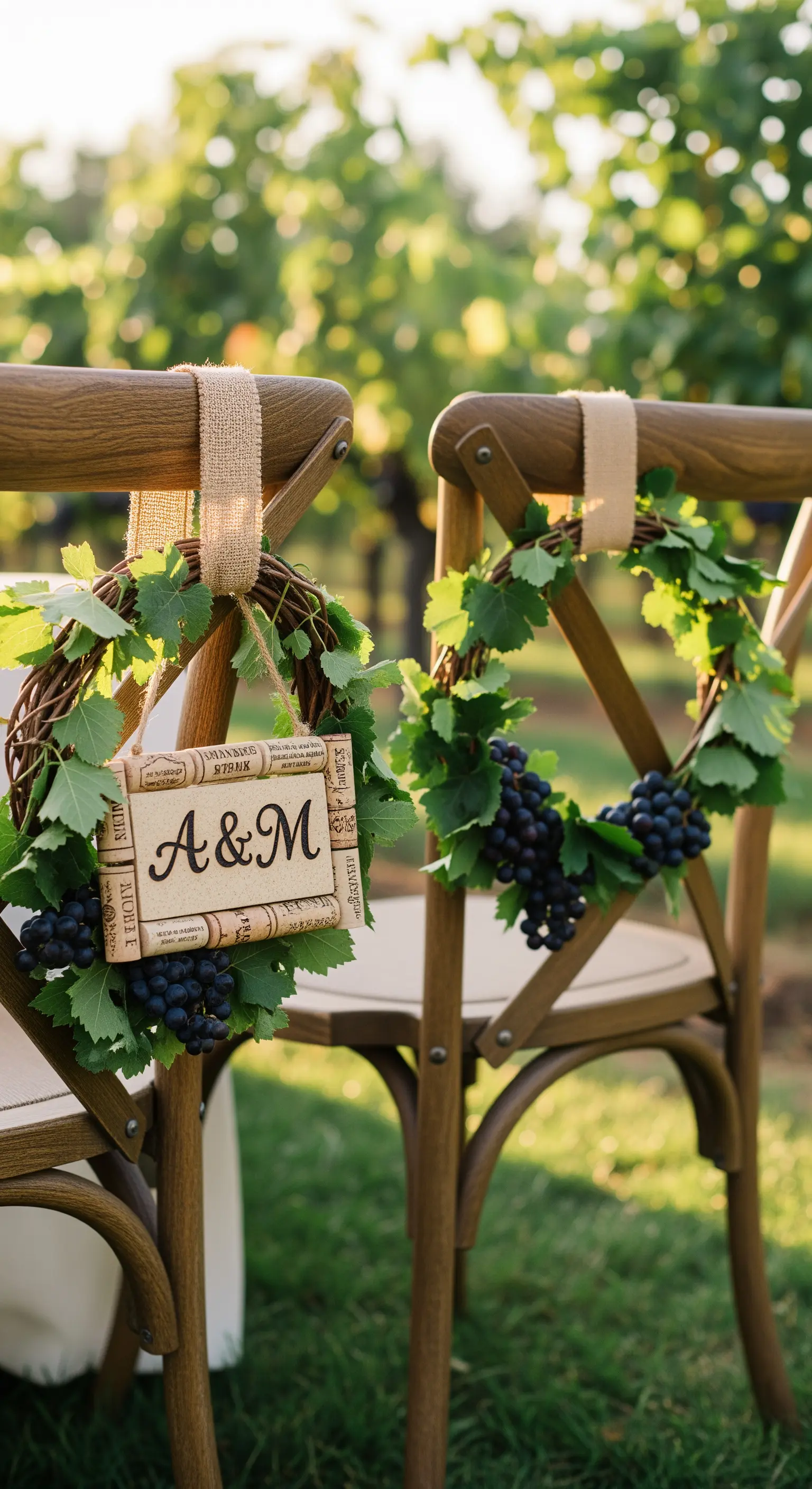 Sedie in legno con ghirlande di tralci di vite e una targa personalizzata con tappi di sughero.