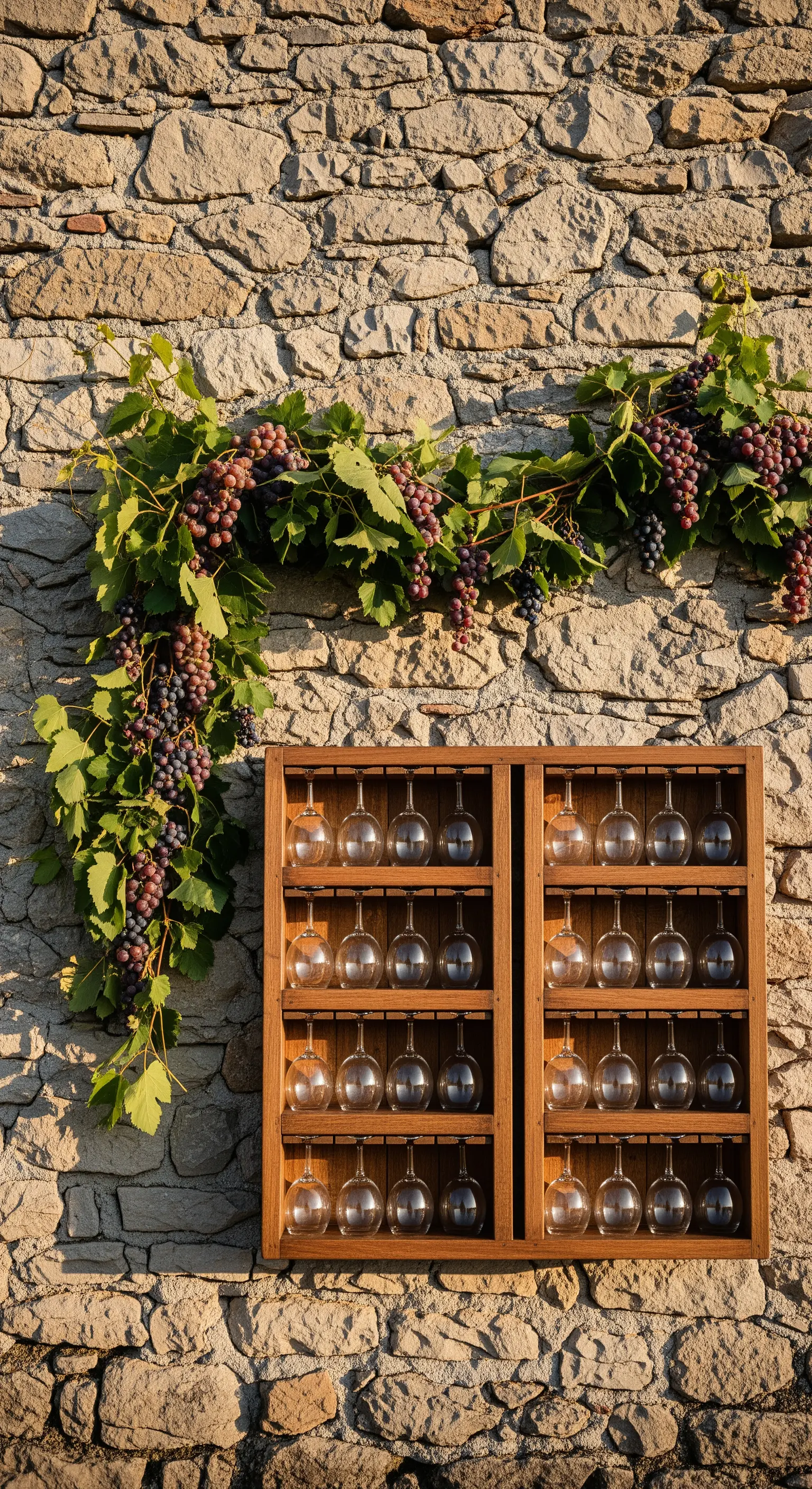 Cassa in legno per calici, appoggiata a un muro di pietra e decorata con tralci di vite.