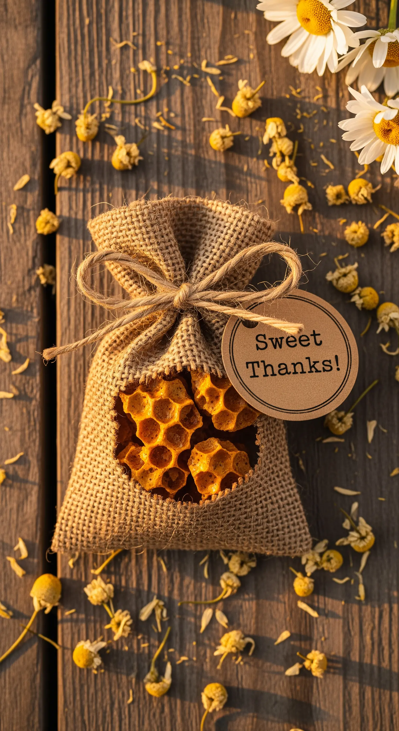 Sacchetto di juta con biscotti a forma di favo e un'etichetta con scritto “Sweet Thanks”.