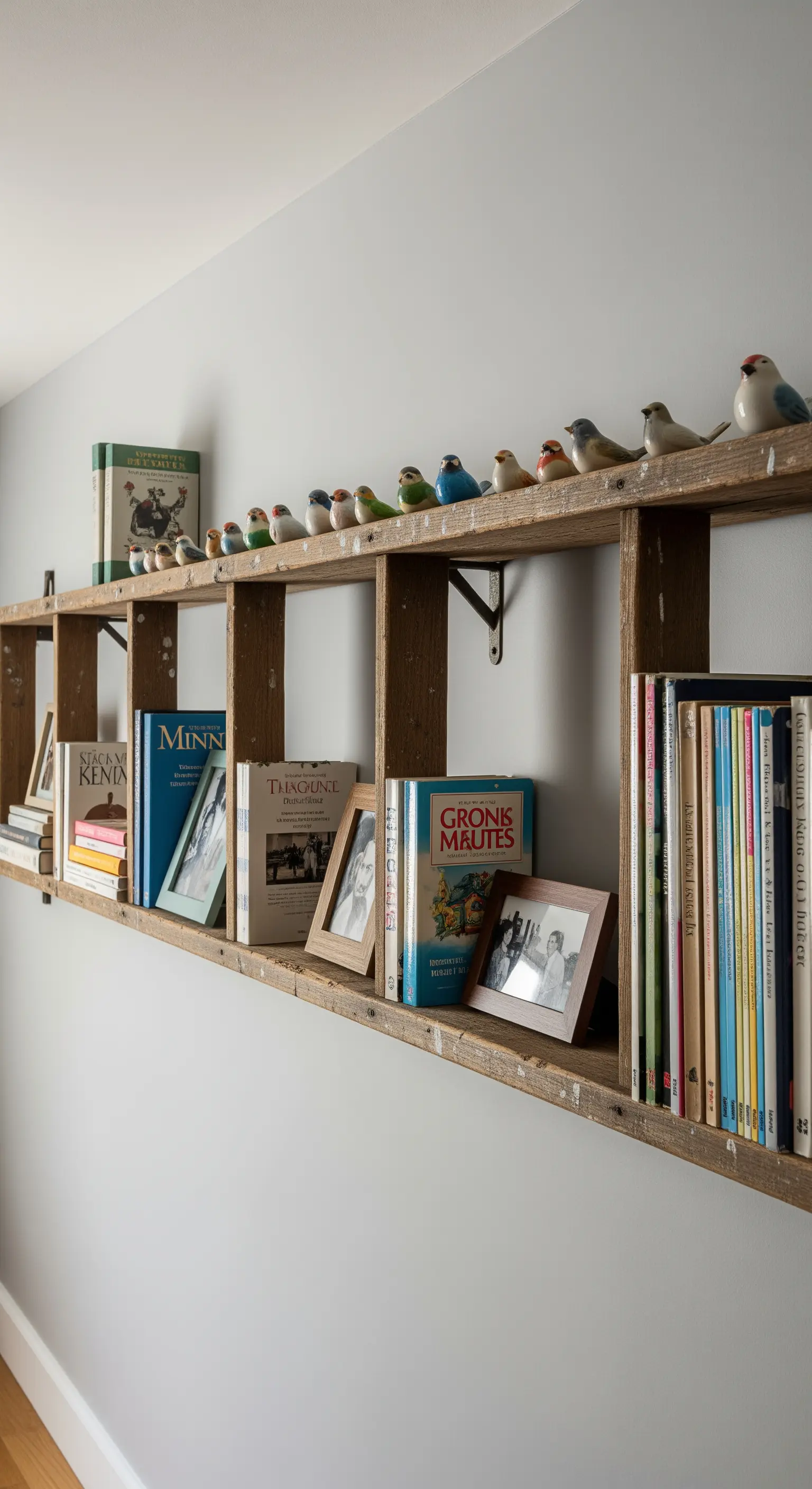 Vecchia scala di legno montata orizzontalmente a parete come mensola per libri.