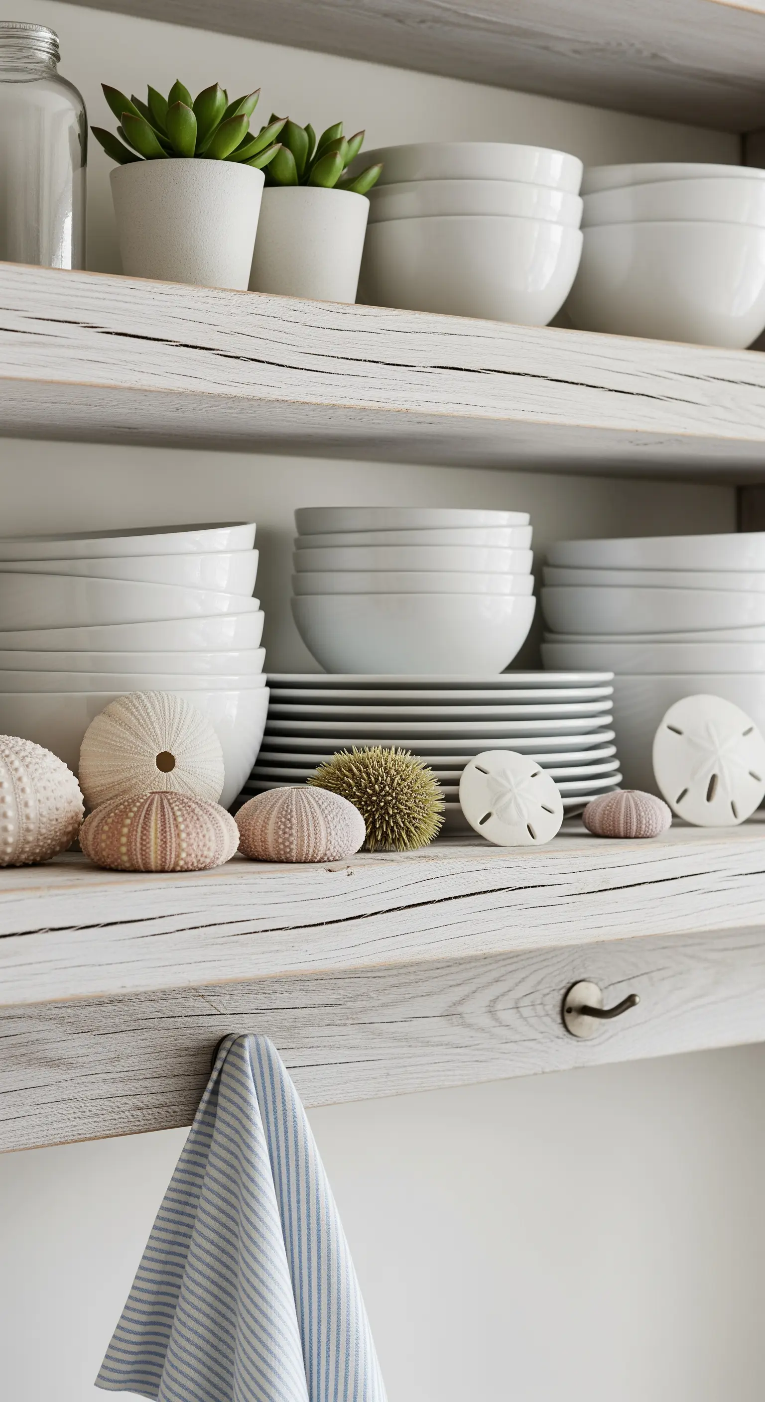 Mensole in legno sbiancato con pile di piatti bianchi e ricci di mare decorativi.