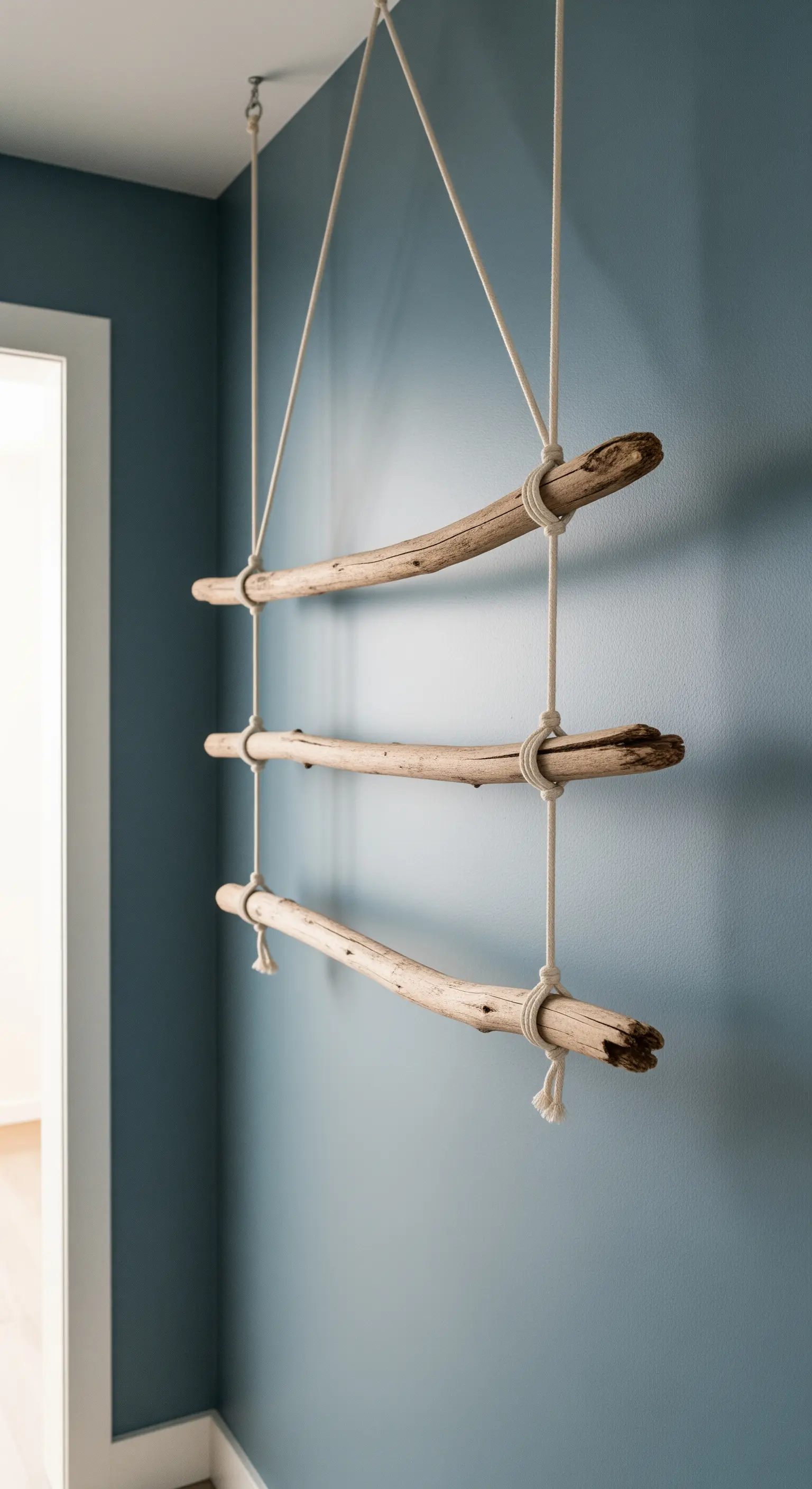 Struttura a scala sospesa realizzata con tre rami di driftwood e corda di cotone bianca.