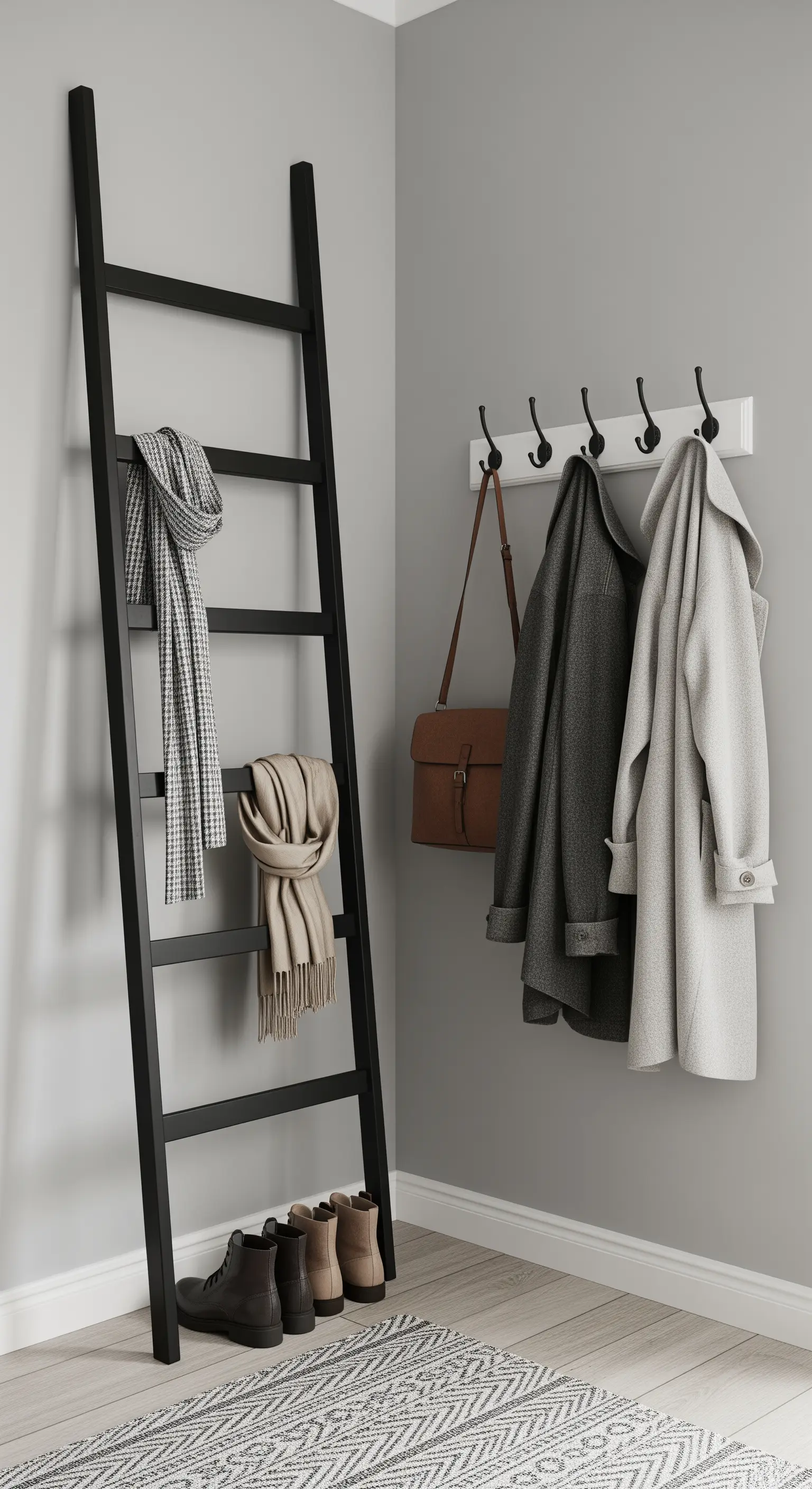 Angolo con scala decorativa nera per sciarpe e appendiabiti a muro bianco.