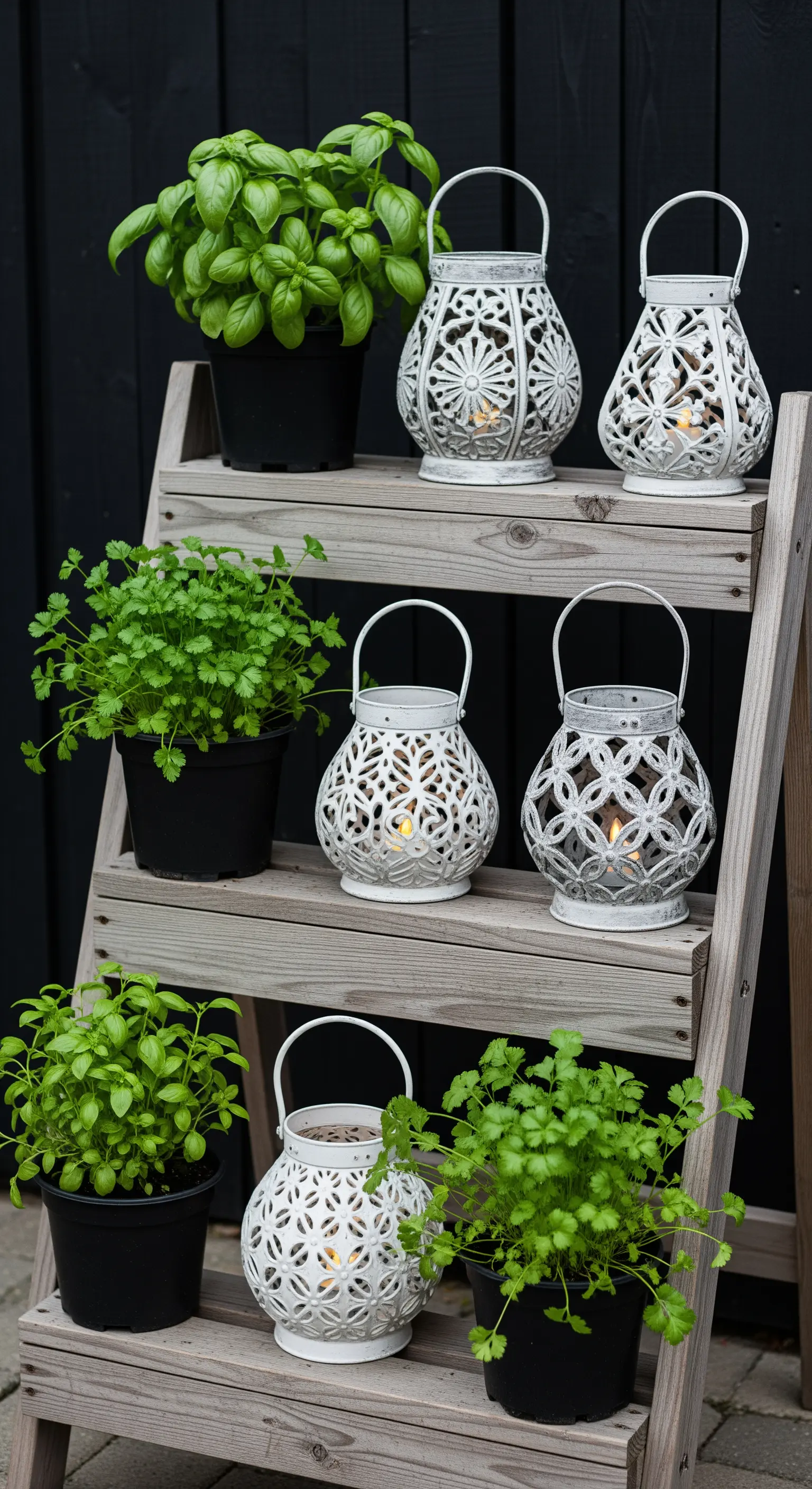 Scala a pioli in legno usata come espositore per piante aromatiche e lanterne bianche.