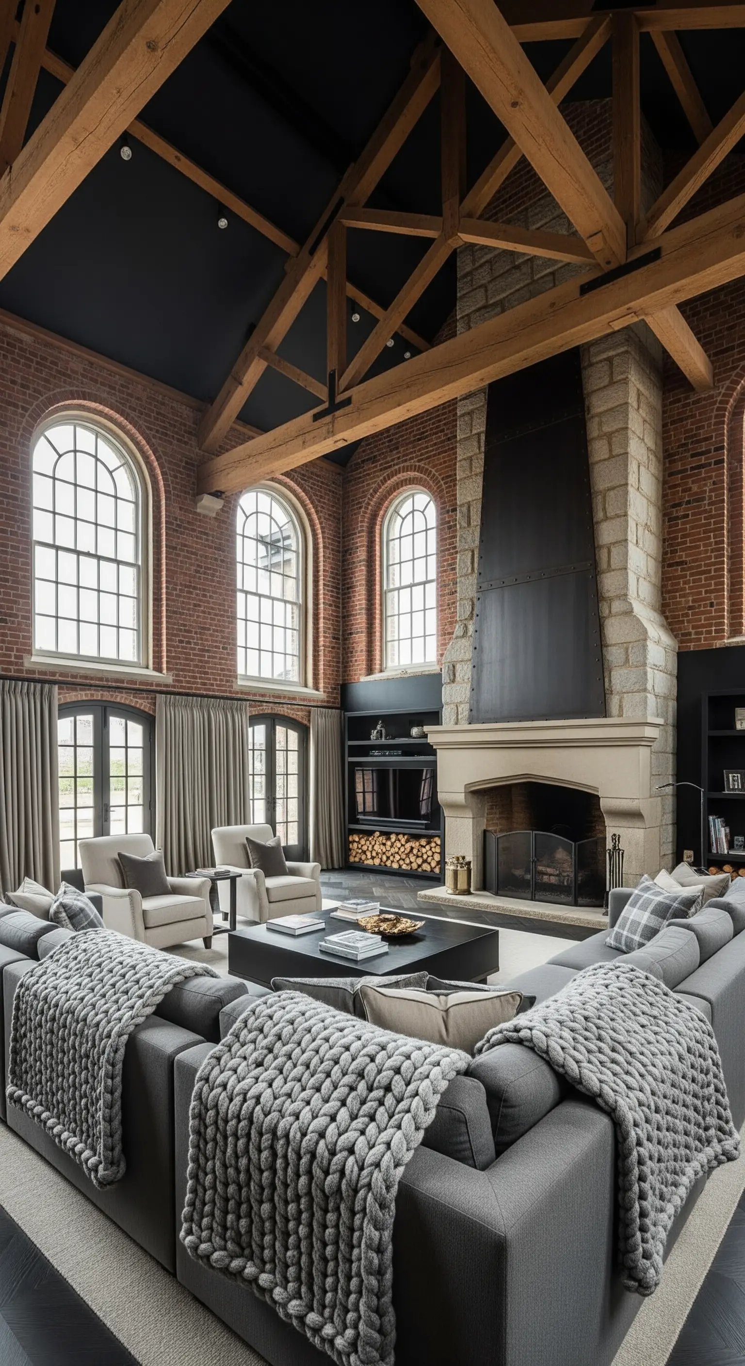 Loft con pareti in mattoni, camino imponente e grande divano grigio a U