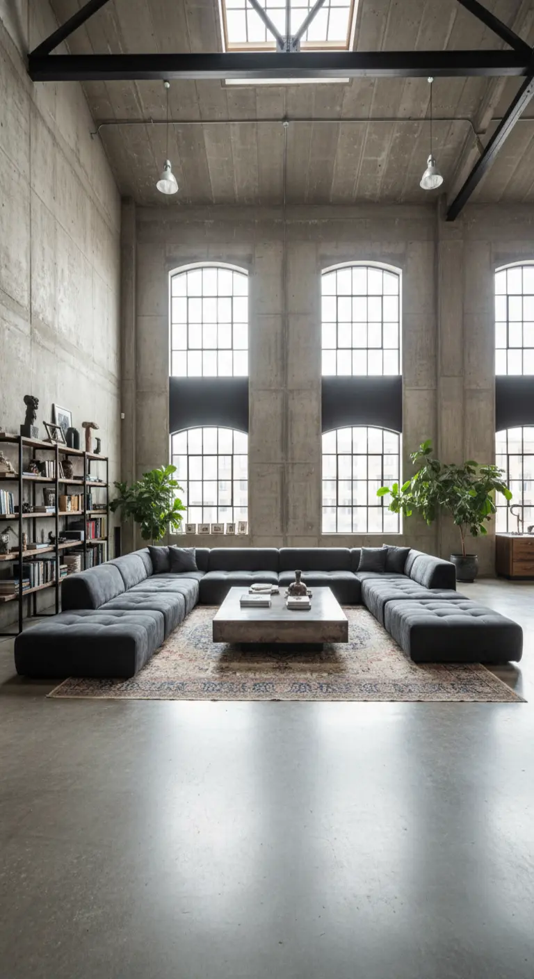 Salotto industriale con soffitti alti, divano a U grigio e grande tappeto persiano.