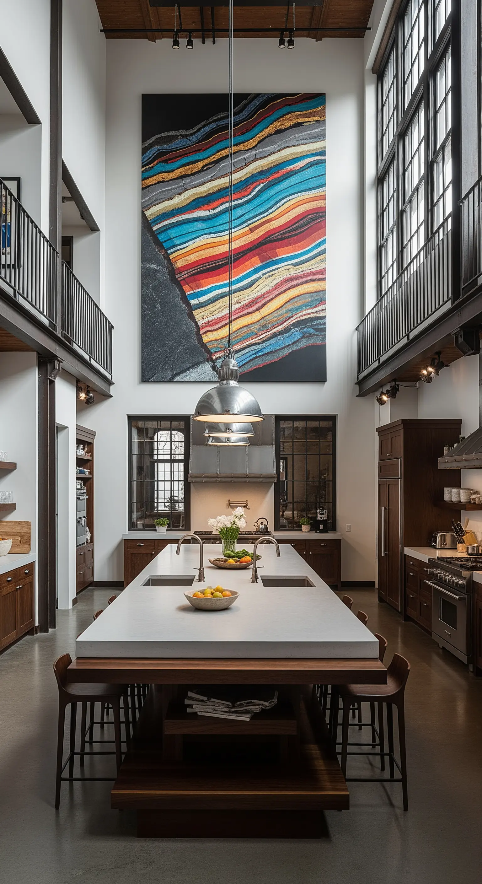 Cucina open space con soffitti altissimi e un'enorme tela astratta appesa.