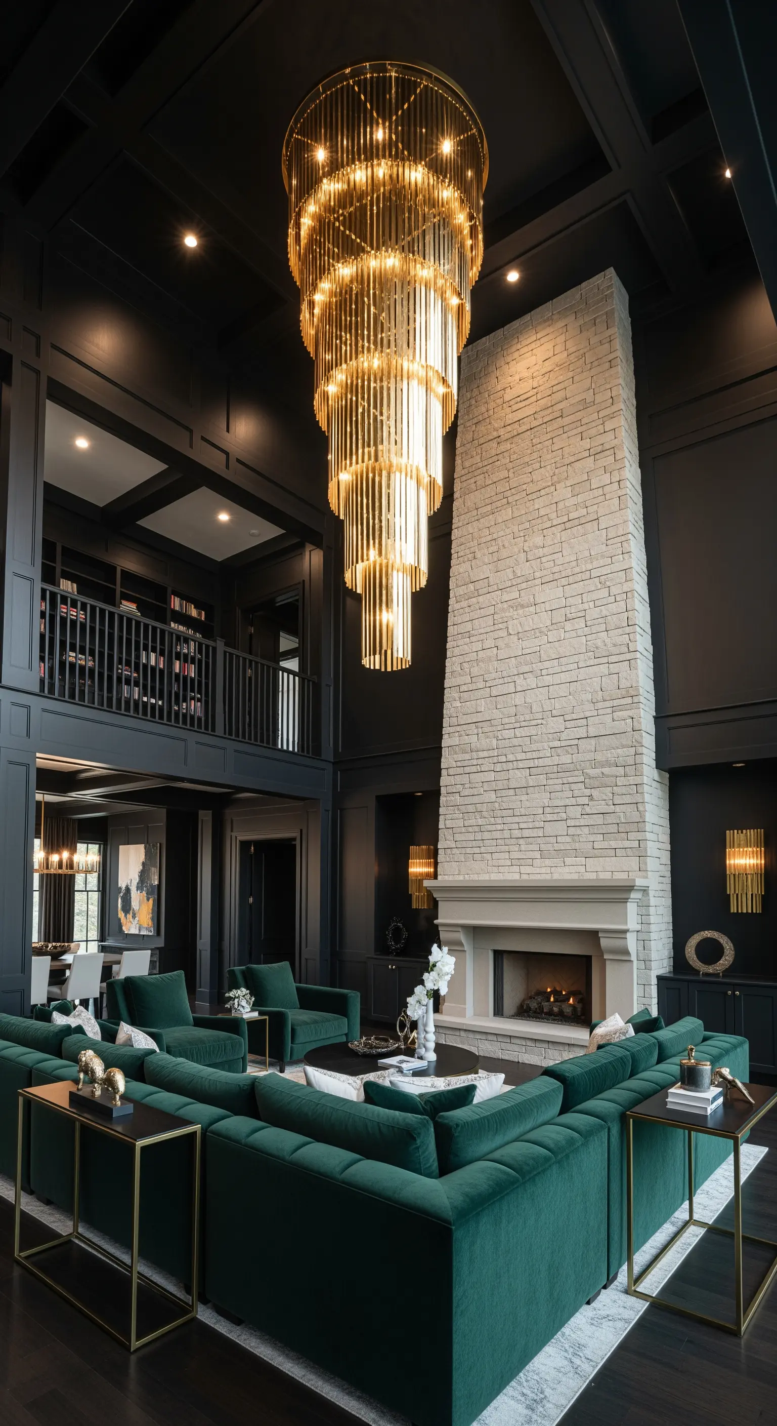 Ampio salotto a doppia altezza con pareti nere, camino in pietra e divano a L verde.